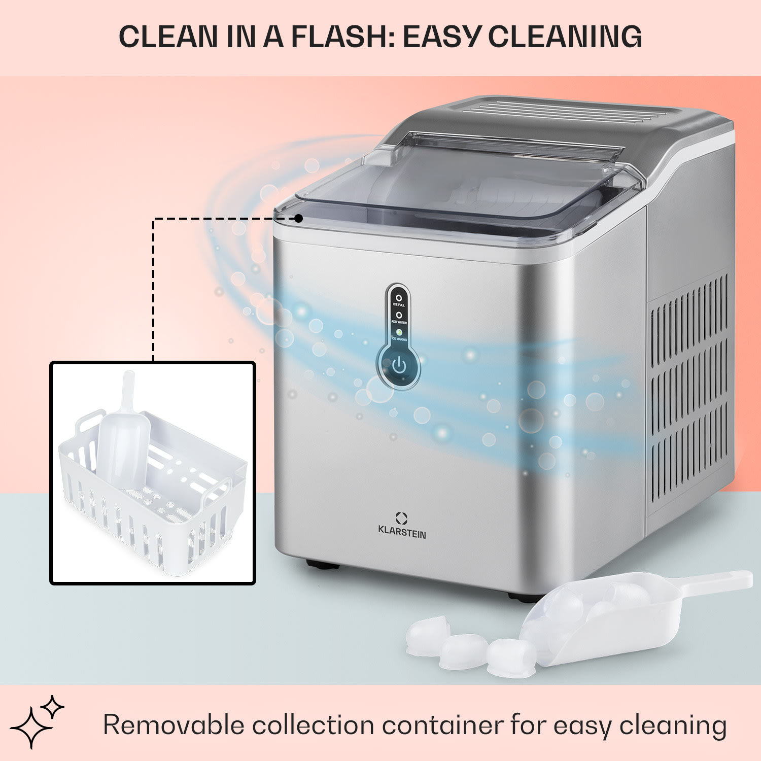 Klarstein Chillout, výrobník ľadu, oblé kúsky ľadu, 12 kg/24 h, nádrž 1,5 l, strieborný – Obrázok 4
