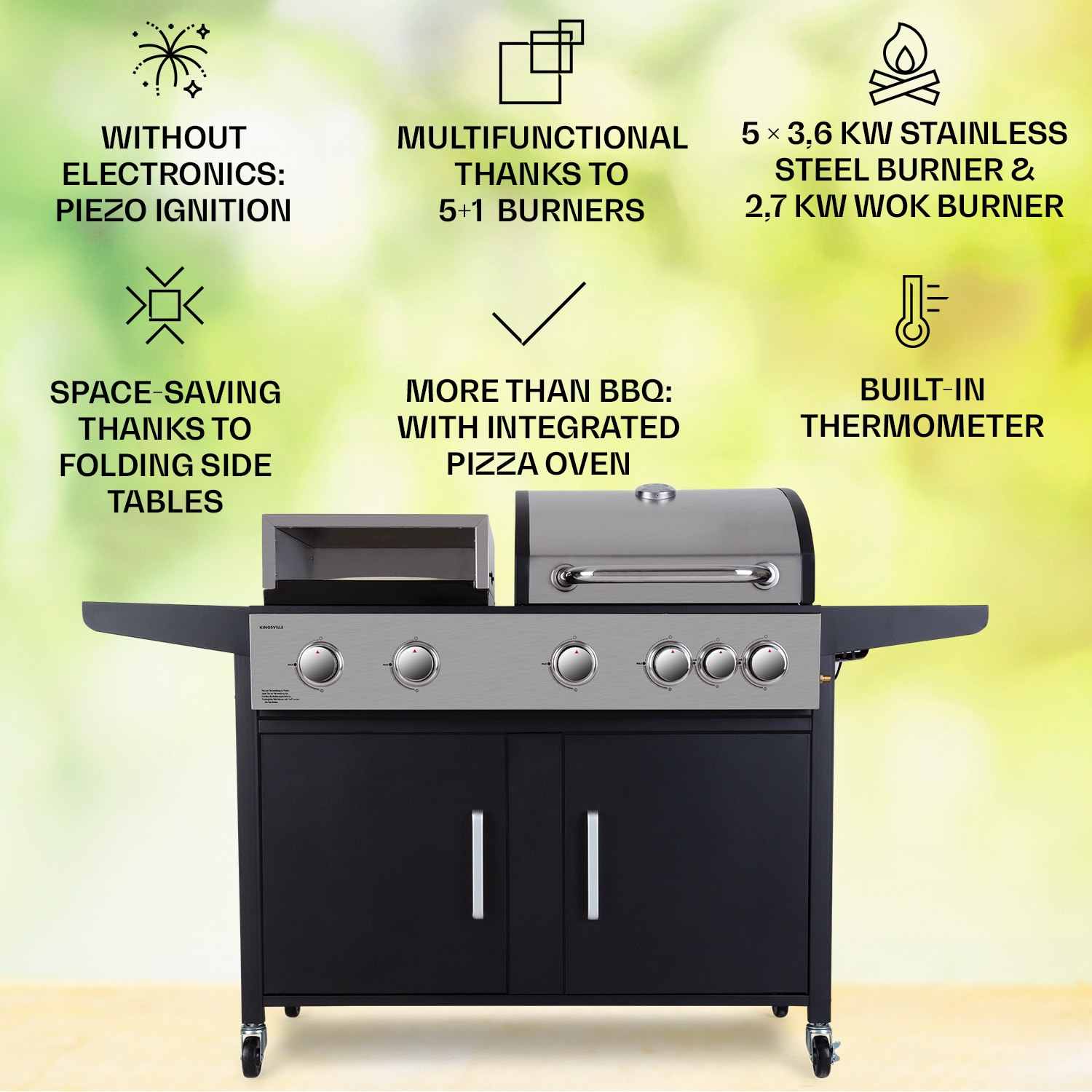 Klarstein Kingsville XL, kombinovaný gril, plyn, pec na pizzu, 20,7 kW, 5 + 1 horáky