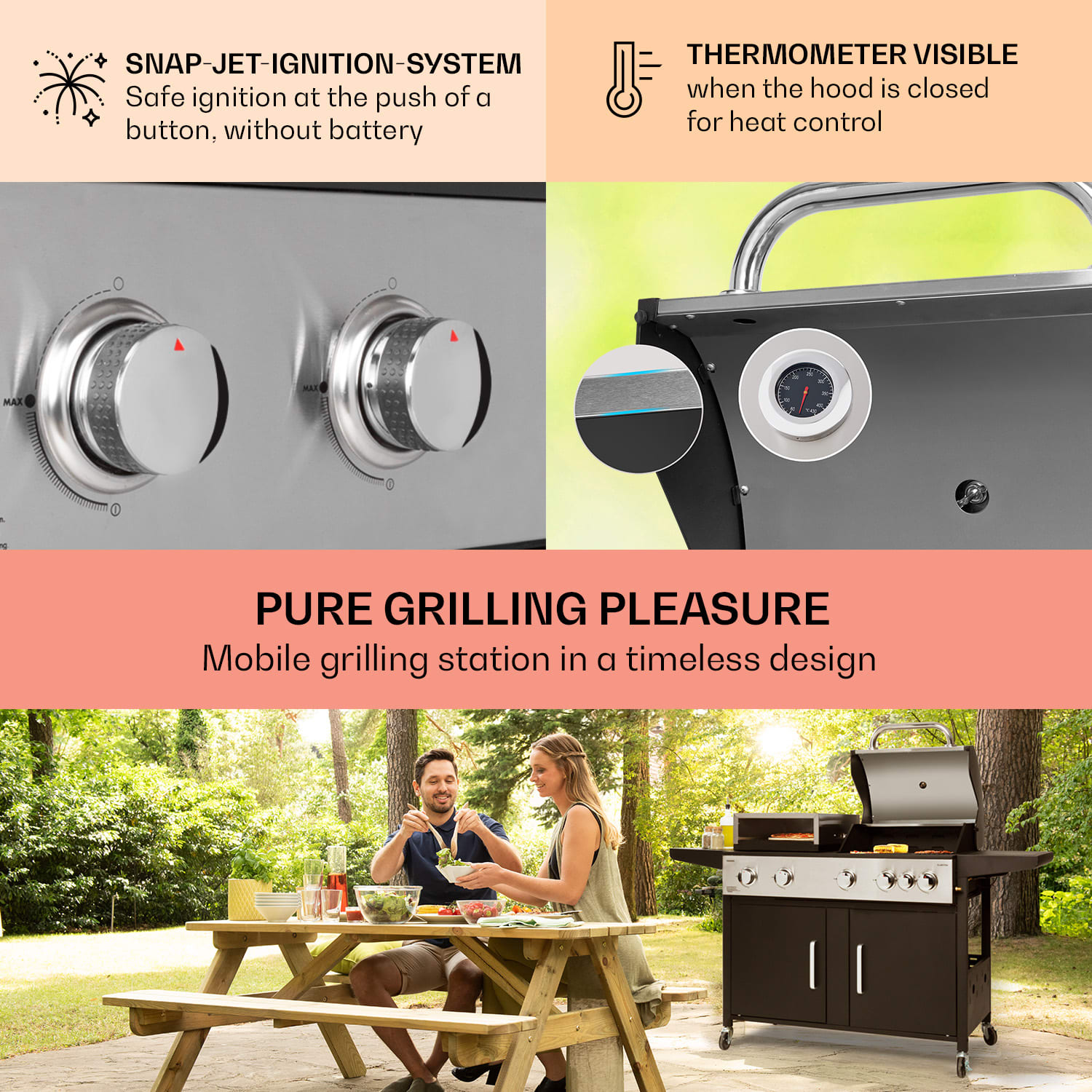 Klarstein Kingsville XL, kombinovaný gril, plyn, pec na pizzu, 20,7 kW, 5 + 1 horáky – Obrázok 3