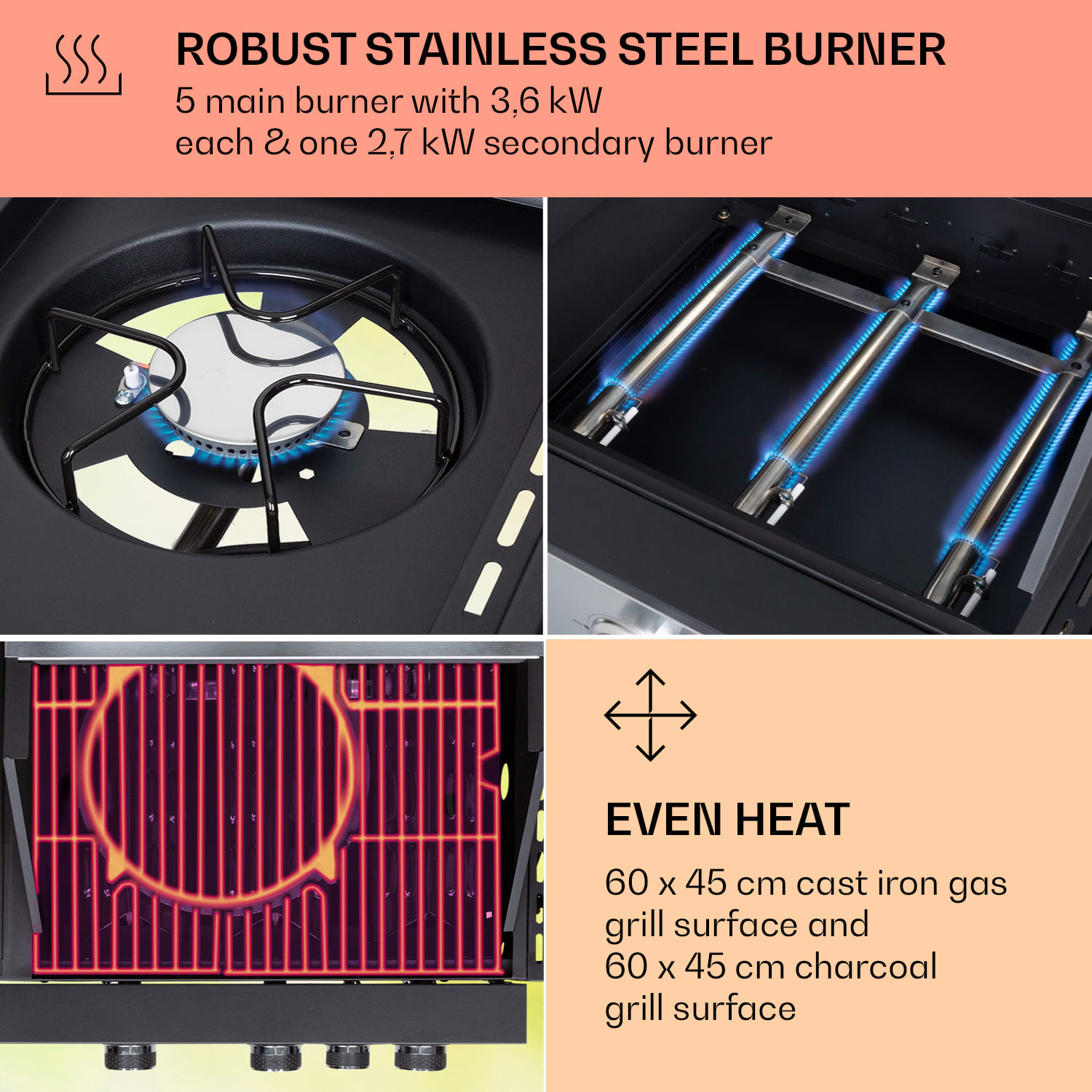 Klarstein Kingsville XL, kombinovaný gril, plyn, pec na pizzu, 20,7 kW, 5 + 1 horáky – Obrázok 4