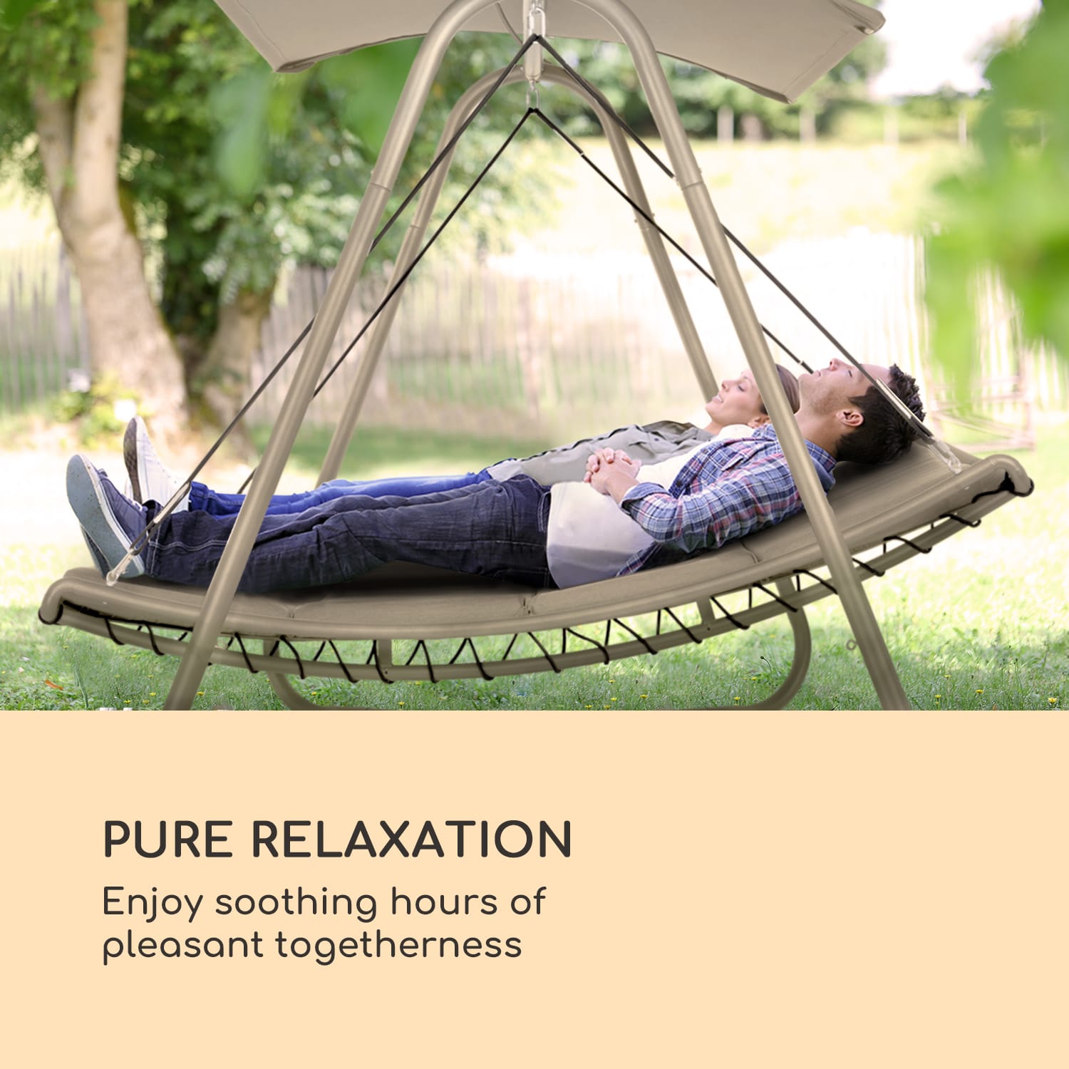 Blumfeldt Garden Grove, záhradné ležadlo, swing bed, oceľový rám, slnečná strecha, polyester, piesková