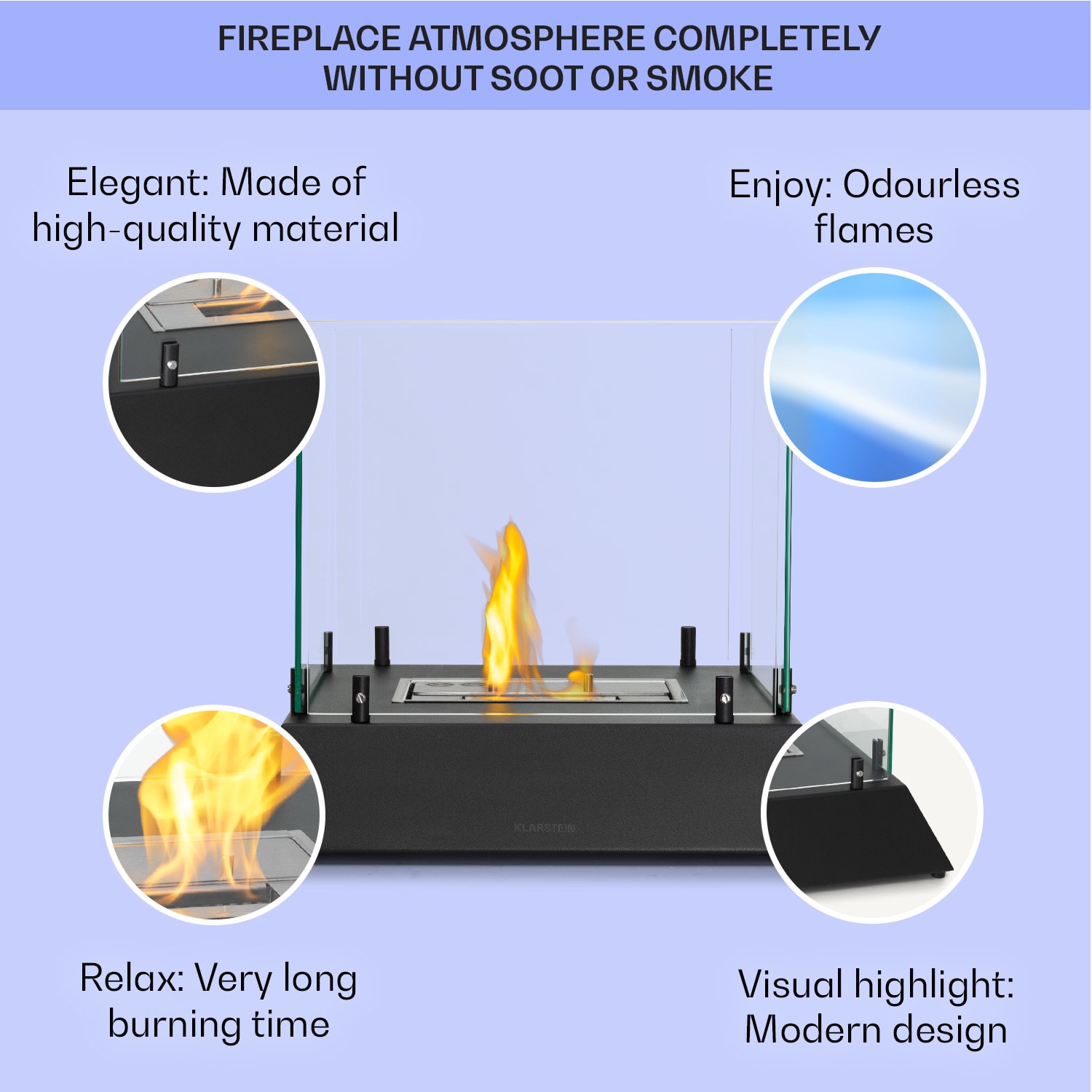 Klarstein Phantasma Cubo, etanolový krb, horáky z nehrdzavejúcej ocele, bez dymu a bez zápachu, bezpečnostné sklo