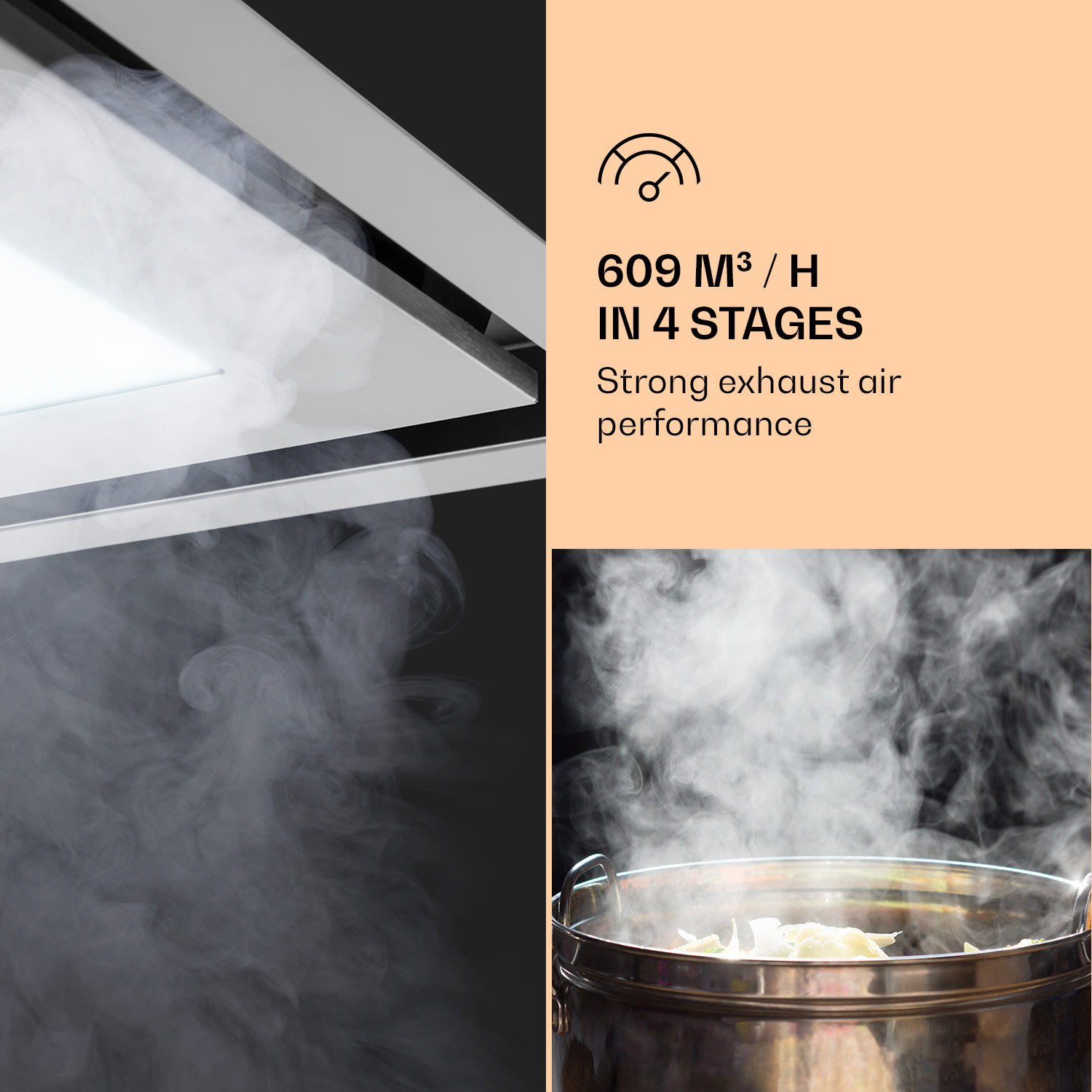 Klarstein Remy Brilliant Edition, digestor, 90 cm, ostrovčekový, 609 m³/h, A, LED, sklo, nehrdzavejúca oceľ – Obrázok 3