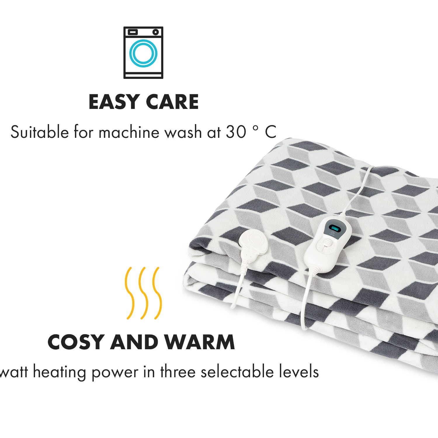 Klarstein Dr. Watson XXL, vyhrievacia deka, 120 W, 200 x 180 cm, coral fleece, sivá, štvorce – Obrázok 2