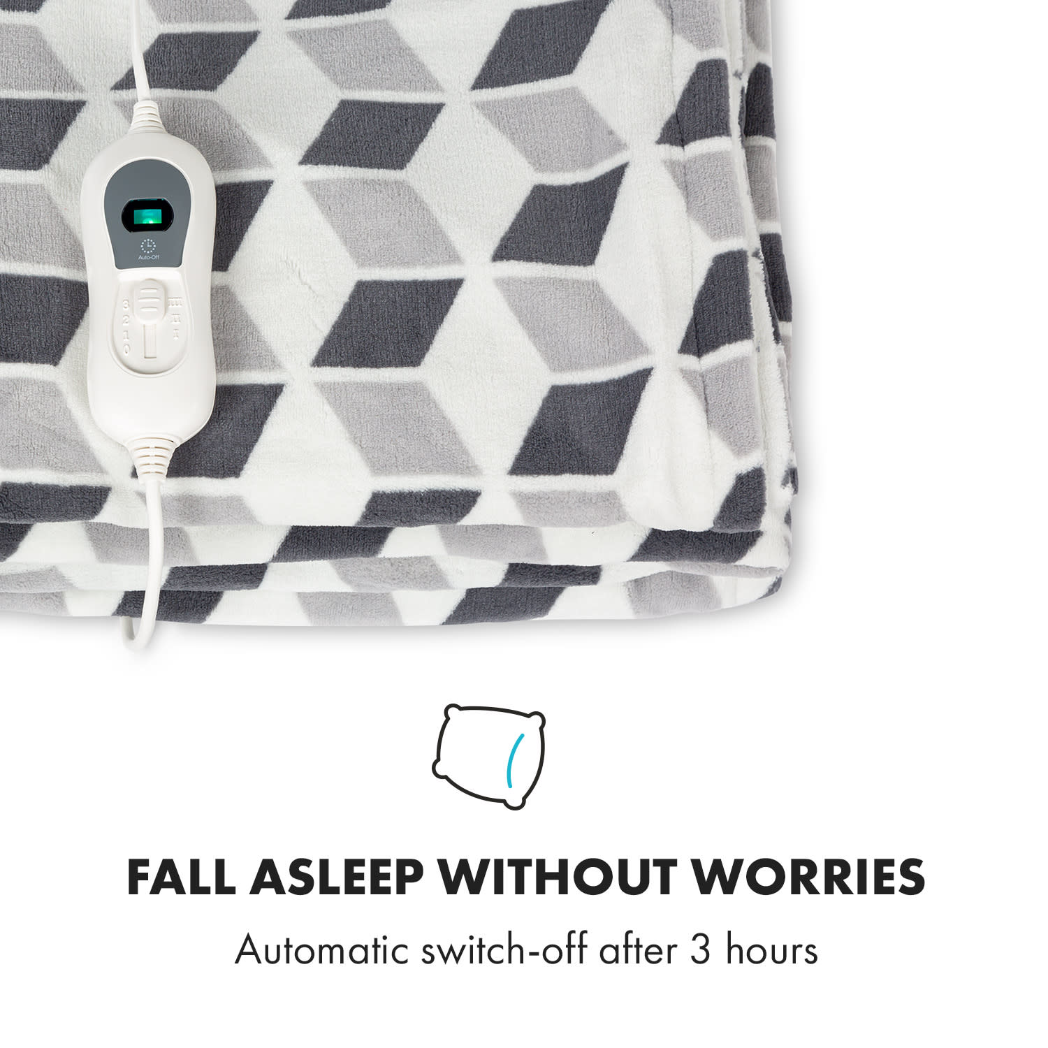 Klarstein Dr. Watson XXL, vyhrievacia deka, 120 W, 200 x 180 cm, coral fleece, sivá, štvorce – Obrázok 3