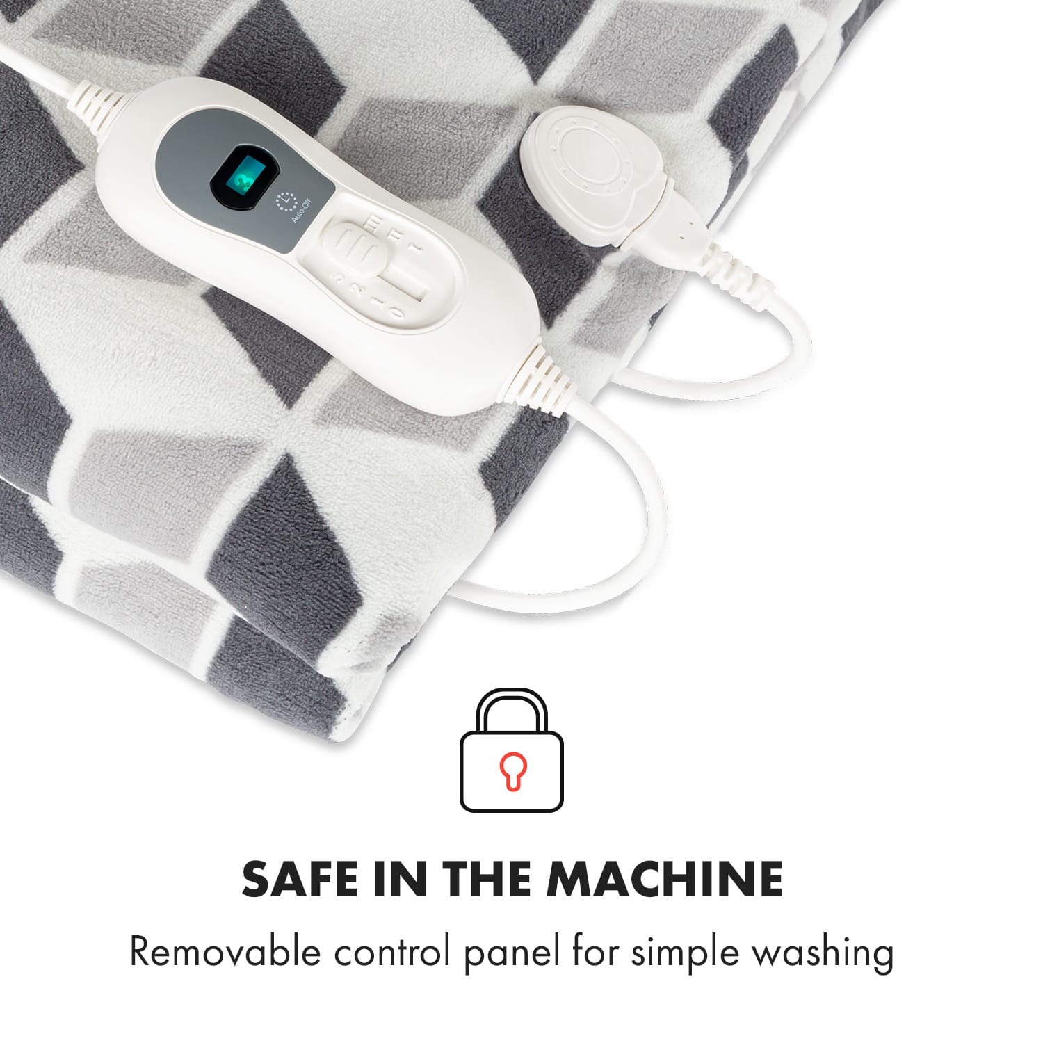 Klarstein Dr. Watson XXL, vyhrievacia deka, 120 W, 200 x 180 cm, coral fleece, sivá, štvorce – Obrázok 4