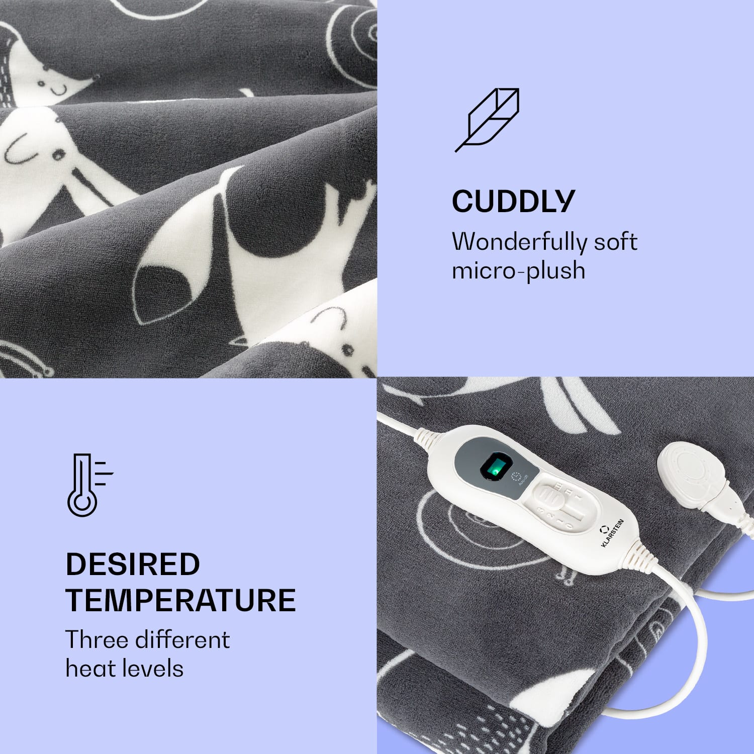 Klarstein Dr. Watson XXL, vyhrievacia deka, 120 W, 200 x 180 cm, coral fleece, antracitová, zvieratá – Obrázok 2