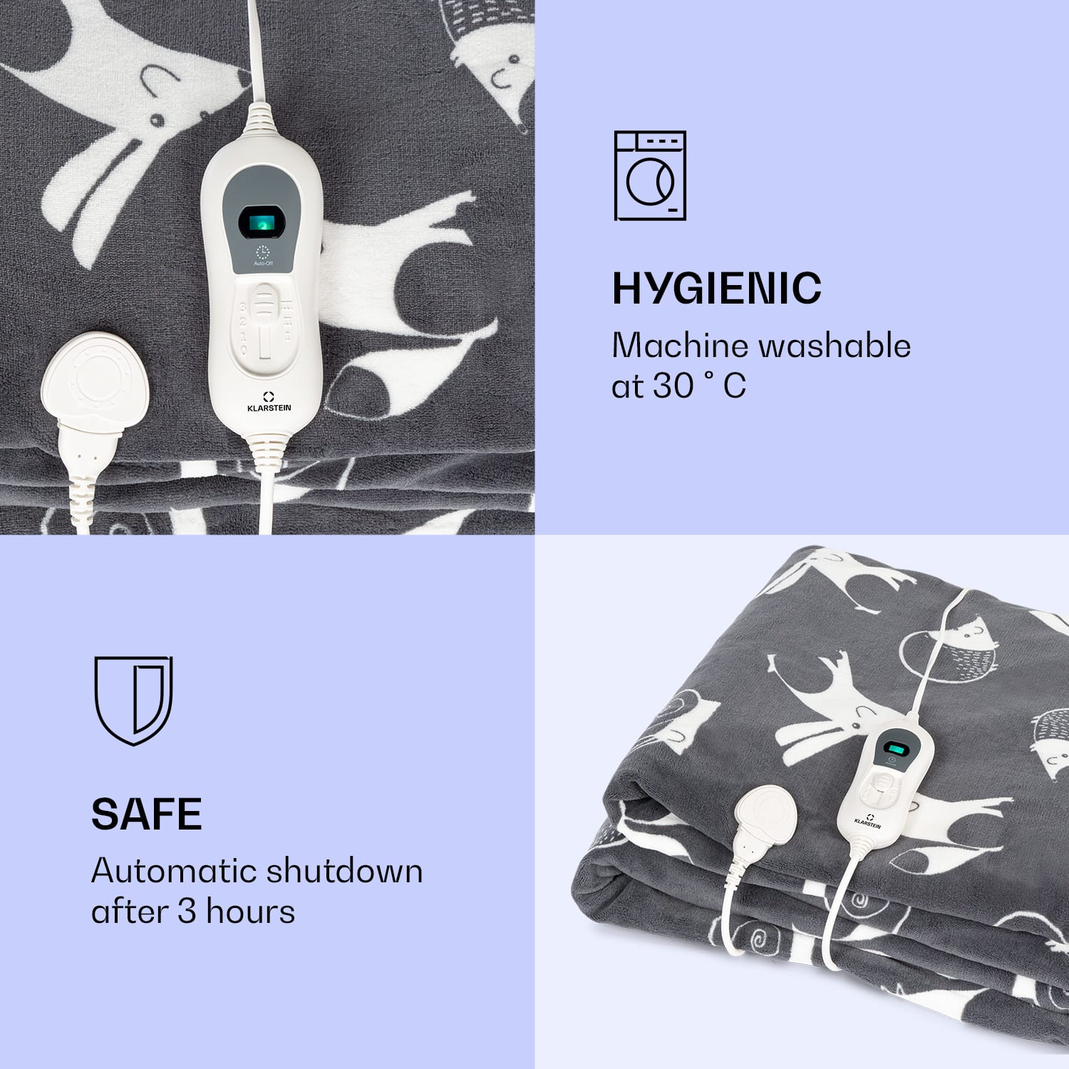 Klarstein Dr. Watson XXL, vyhrievacia deka, 120 W, 200 x 180 cm, coral fleece, antracitová, zvieratá – Obrázok 3