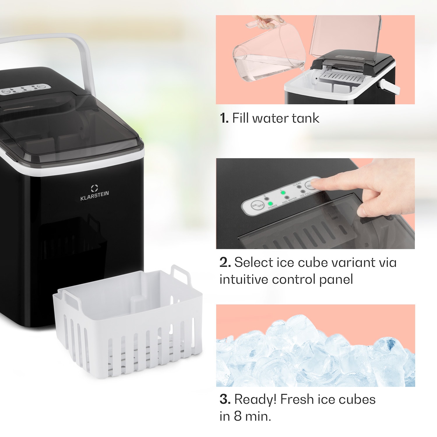 Klarstein Arctic Porter, výrobník ľadu, kužeľovité kúsky ľadu, 12 kg/24 h, nehrdzavejúca oceľ – Obrázok 3