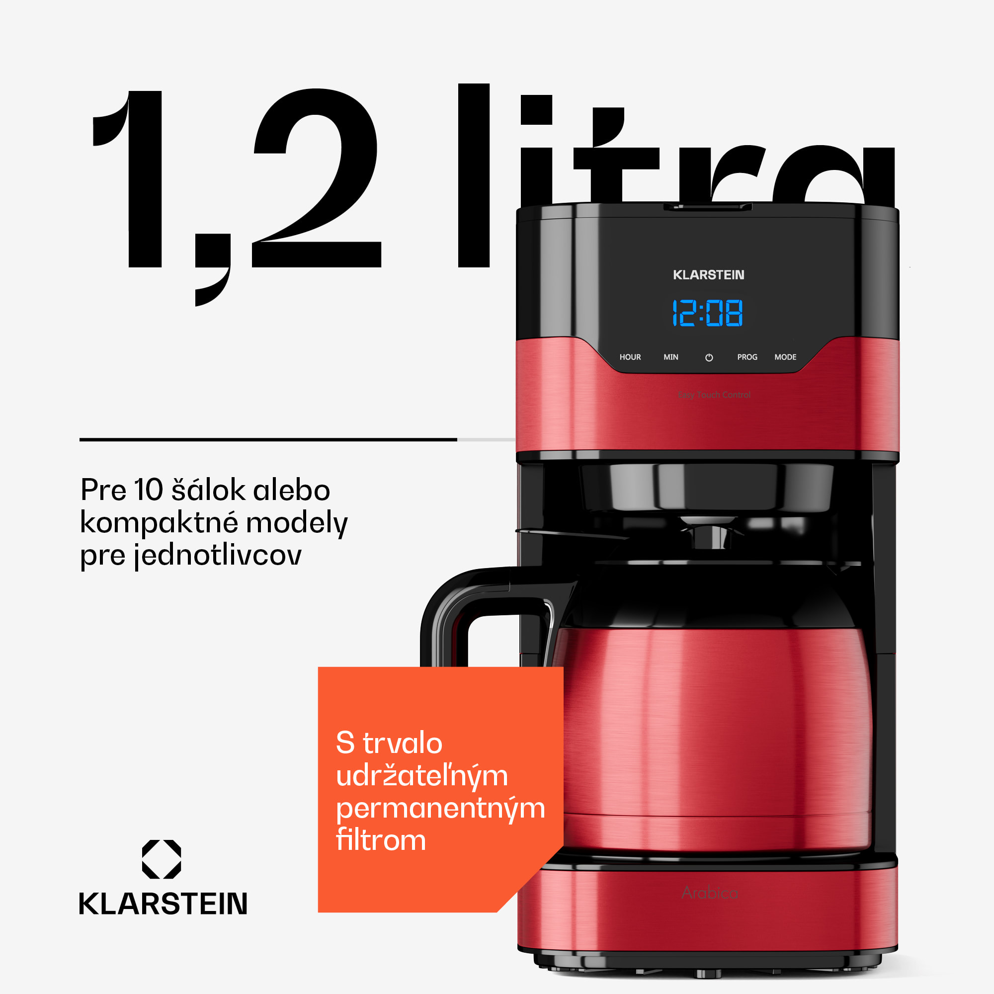 Klarstein Arabica 1.2, kávovar, 1,2 l, EasyTouch Control, strieborný/čierny – Obrázok 2