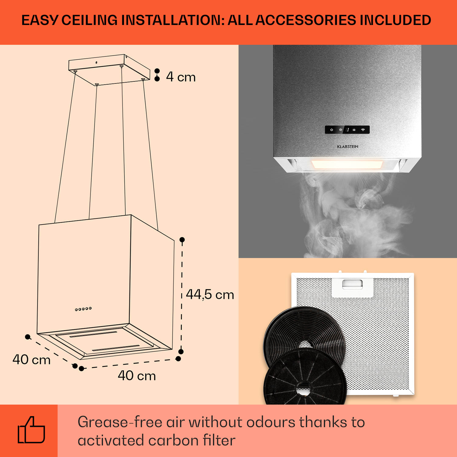 Klarstein Kronleuchter Smart, digestor, 40 cm, ostrovčekový, 595 m³/h, ovládánie cez aplikáciu, LED panel, strieborný – Obrázok 4