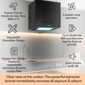 Klarstein Kronleuchter Smart, digestor, 40 cm, ostrovčekový, 595 m³/h, ovládánie cez aplikáciu, LED panel, čierna