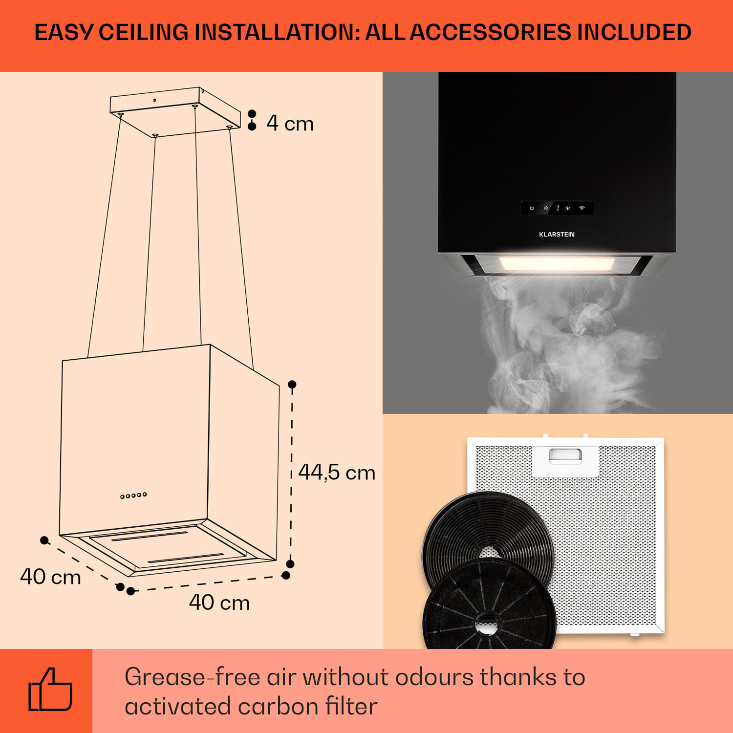 Klarstein Kronleuchter Smart, digestor, 40 cm, ostrovčekový, 595 m³/h, ovládánie cez aplikáciu, LED panel, čierna – Obrázok 4