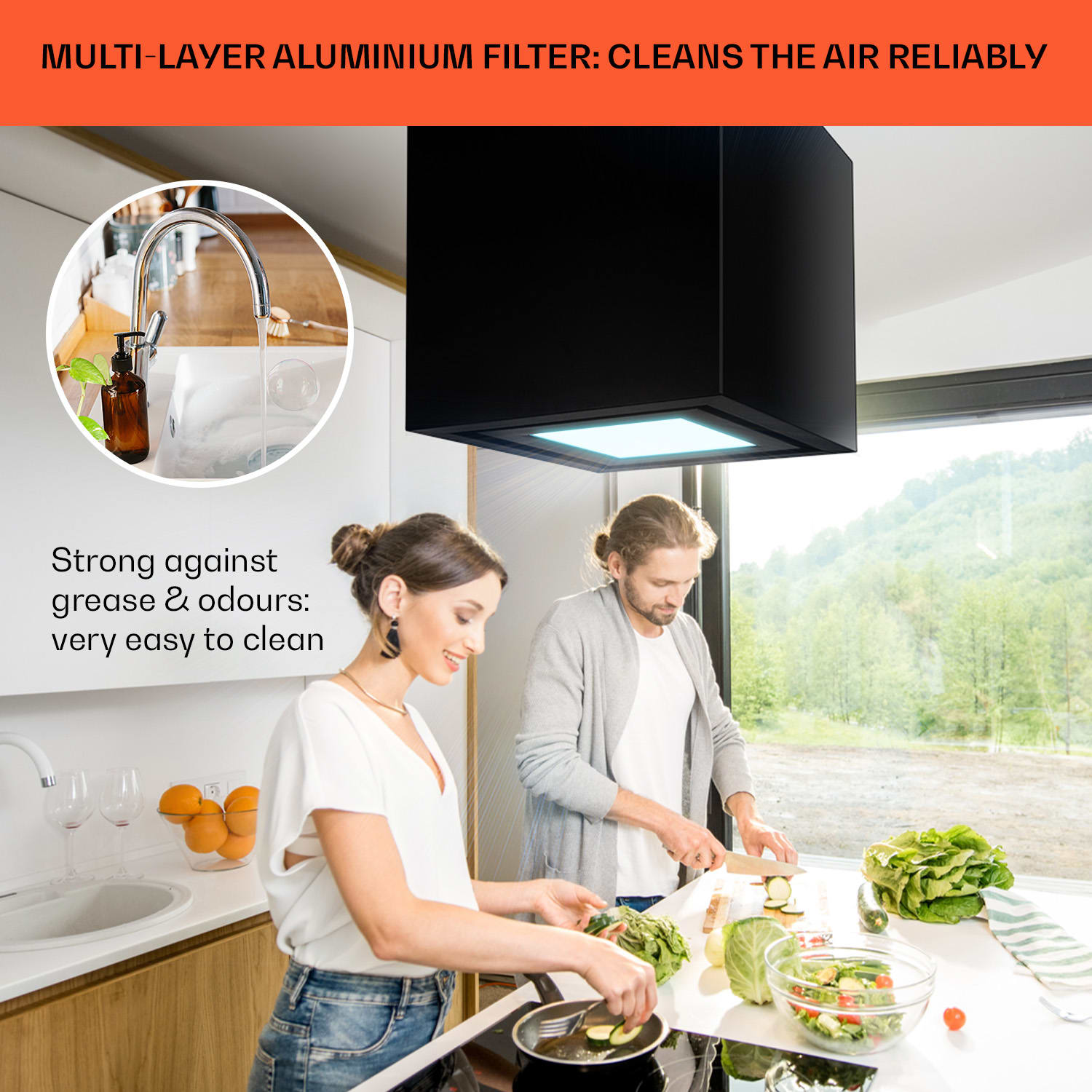 Klarstein Kronleuchter Smart, digestor, 40 cm, ostrovčekový, 595 m³/h, ovládánie cez aplikáciu, LED panel, čierna – Obrázok 5