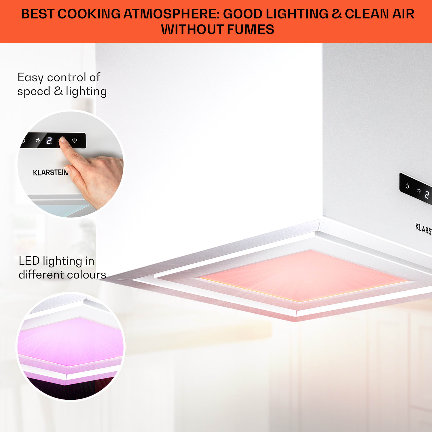 Klarstein Kronleuchter Smart, digestor, 40 cm, ostrovčekový, 595 m³/h, ovládánie cez aplikáciu, LED panel, biely – Obrázok 3