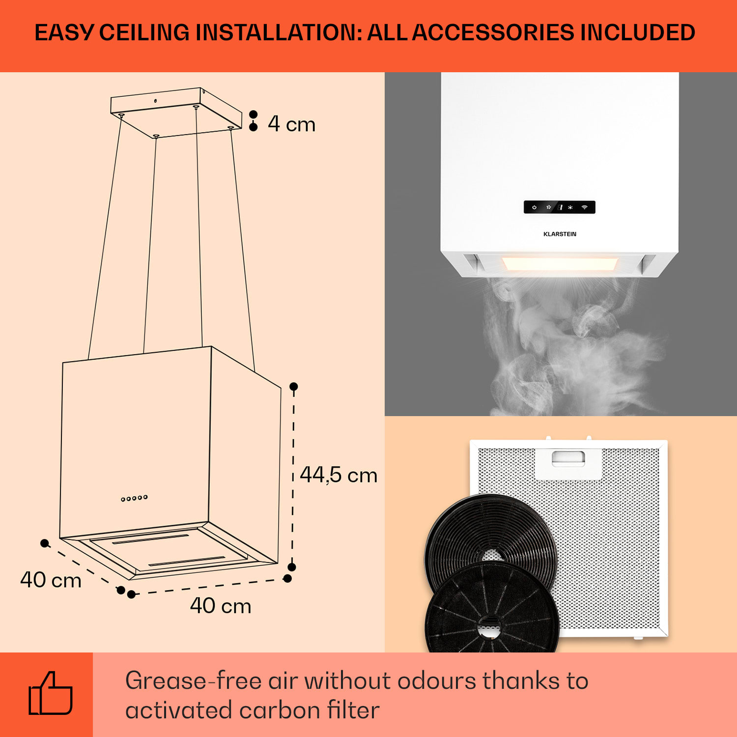 Klarstein Kronleuchter Smart, digestor, 40 cm, ostrovčekový, 595 m³/h, ovládánie cez aplikáciu, LED panel, biely – Obrázok 4