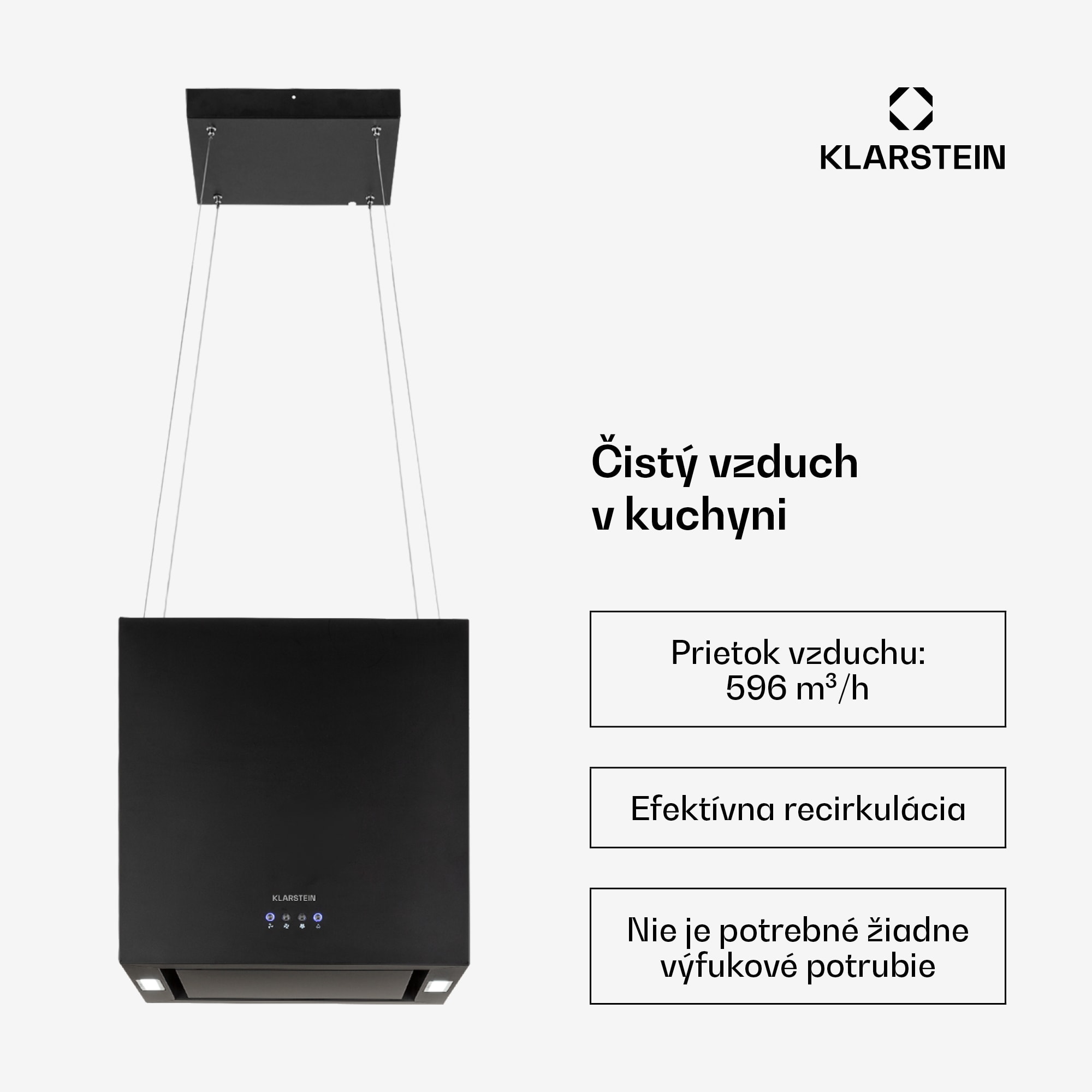 Klarstein Kronleuchter, digestor, 44 cm, ostrovčekový, 596 m³/h, LED panel, A, čierny – Obrázok 2