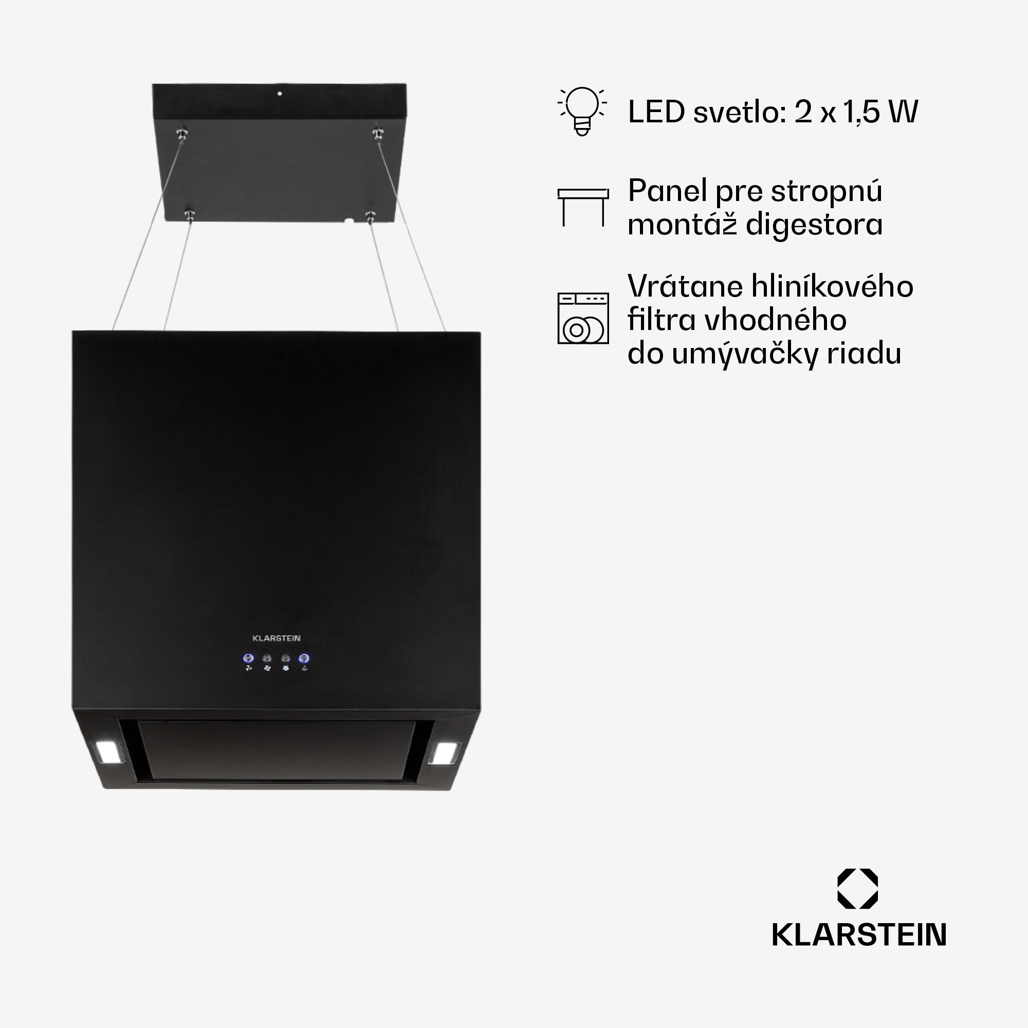 Klarstein Kronleuchter, digestor, 44 cm, ostrovčekový, 596 m³/h, LED panel, A, čierny – Obrázok 5
