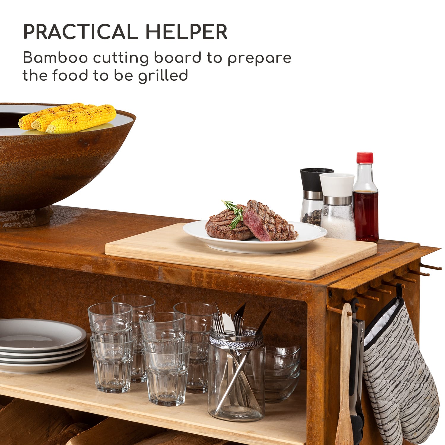 Blumfeldt Savage 2.0 Wide, ohnisko s grilom, bambusová doska na krájanie, ochranný kryt – Obrázok 2