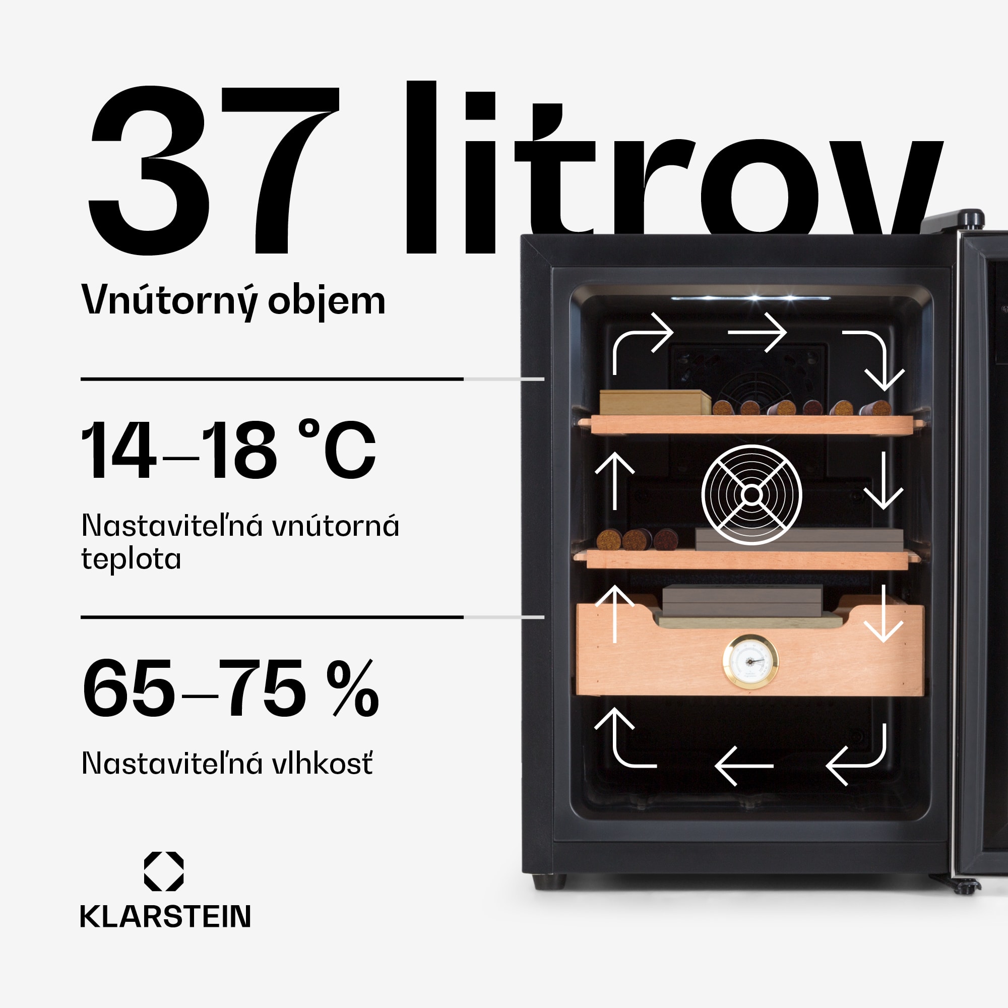 Klarstein El Presidente 37, humidor na cigary, 37 l, 2 zásuvky, 1 priehradka z cédrového dreva – Obrázok 2