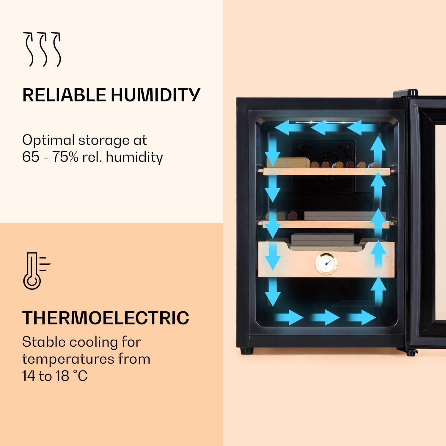Klarstein El Presidente 37, humidor na cigary, 37 l, 2 zásuvky, 1 priehradka z cédrového dreva – Obrázok 3