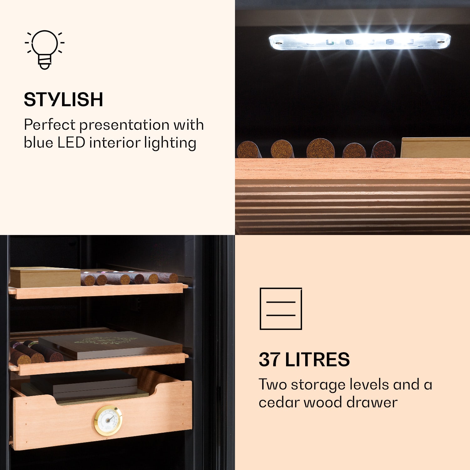 Klarstein El Presidente 37, humidor na cigary, 37 l, 2 zásuvky, 1 priehradka z cédrového dreva – Obrázok 5