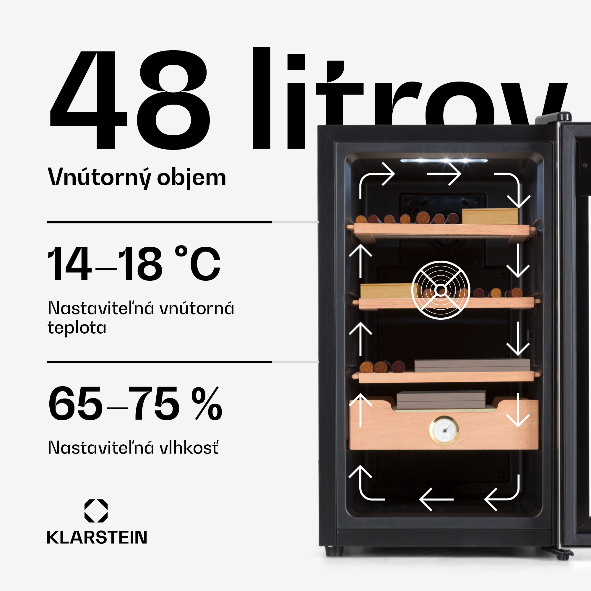 Klarstein El Presidente 48, humidor na cigary, 48 l, 2 zásuvky, 1 priehradka z cédrového dreva – Obrázok 2