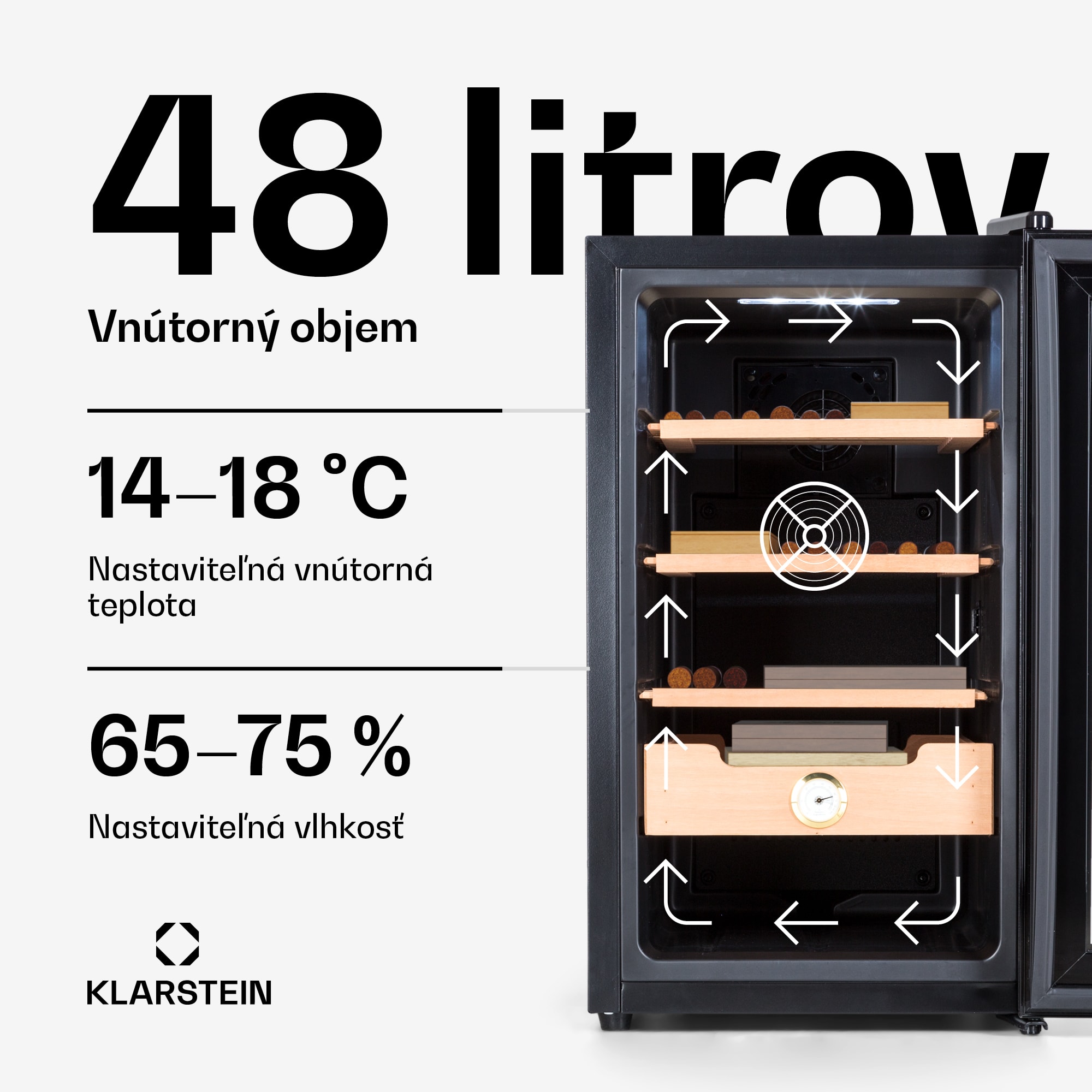 Klarstein El Presidente 48, humidor na cigary, 48 l, 2 zásuvky, 1 priehradka z cédrového dreva – Obrázok 2
