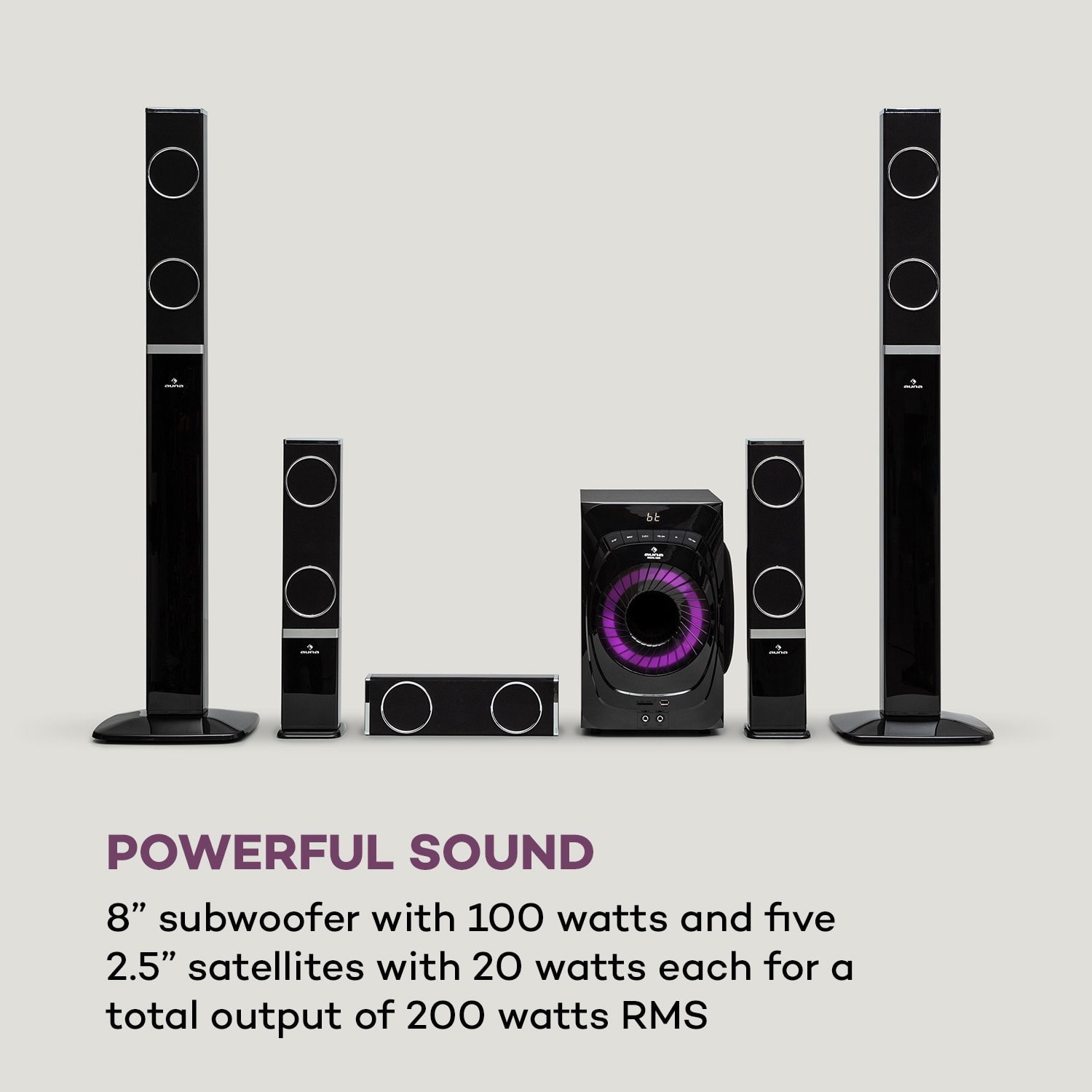 Auna Areal 825 5.1 Reproduktorový systém 200 W RMS BT USB SD AUX Diaľkové ovládanie – Obrázok 3