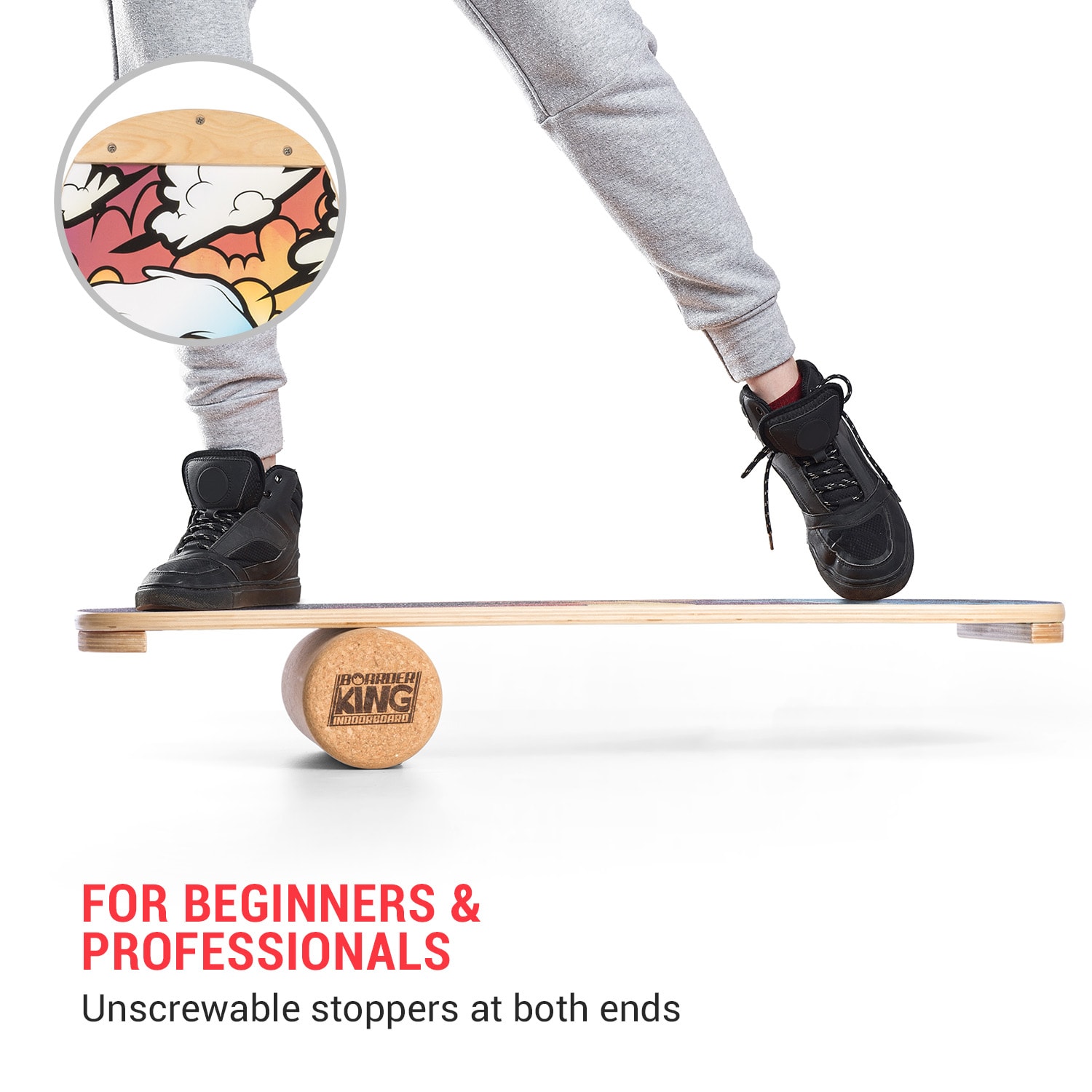 BoarderKING Indoorboard Classic, balančná doska, podložka, valec, drevo/korok, červená – Obrázok 5