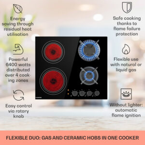 Klarstein MultiChef 4, kombinovaná plynová varná doska, 4 zóny, plyn/sklokeramika