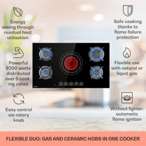 Klarstein MultiChef 5, kombinovaná plynová varná doska, 5 zón, plyn/sklokeramika