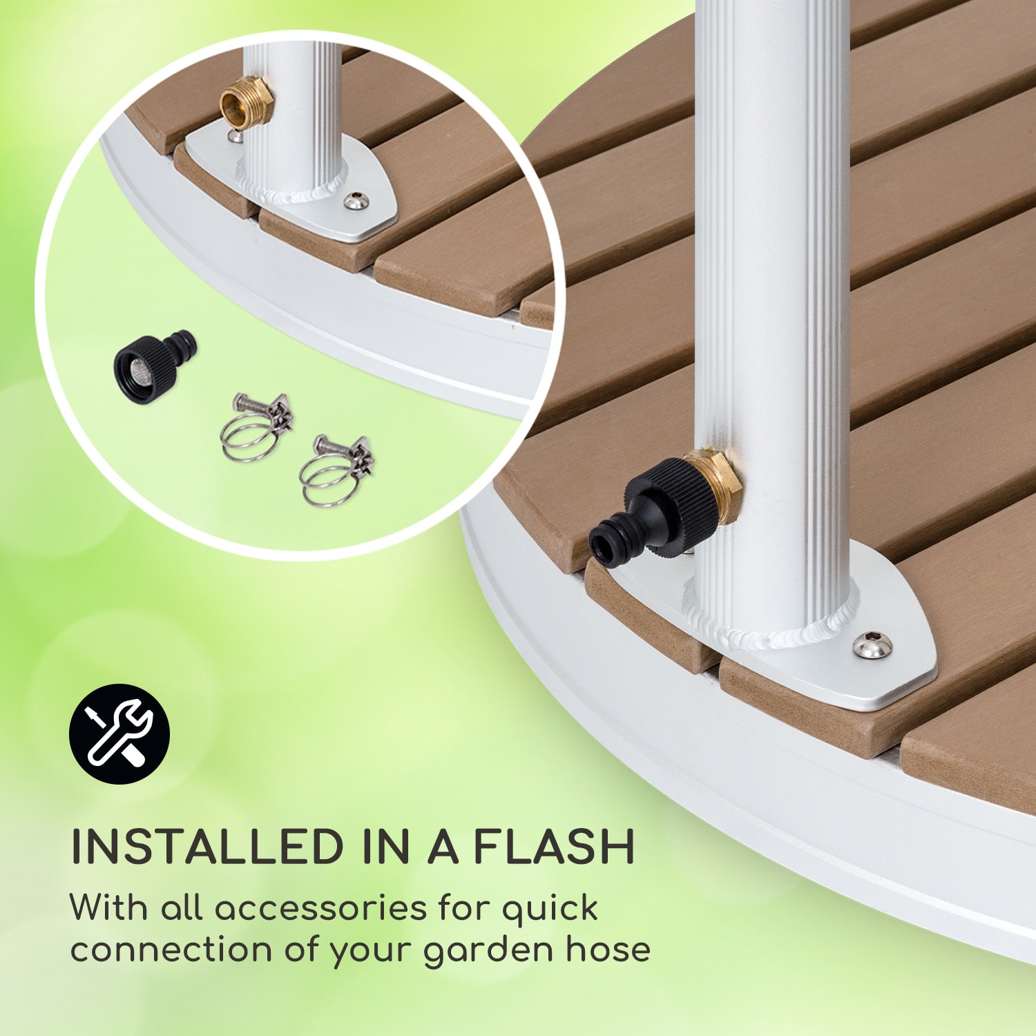 Blumfeldt Sumatra Falls Round, záhradná sprcha, WPC, hliník, Ø 80 cm, okrúhla – Obrázok 4