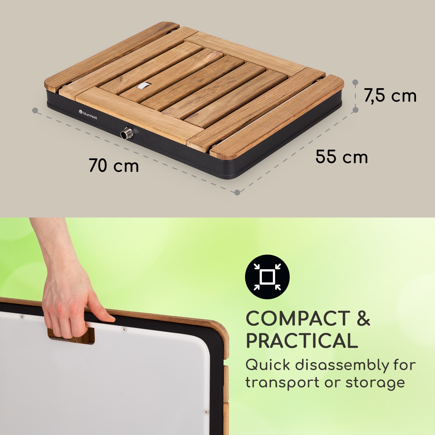 Blumfeldt Sumatra Teak Square, záhradná sprcha, hliník, tíkové drevo, rukoväť – Obrázok 5