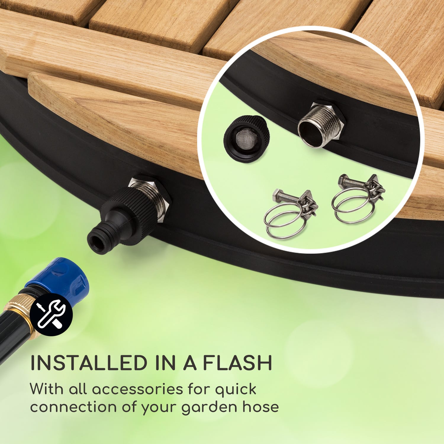 Blumfeldt Sumatra Teak Round, záhradná sprcha, hliník, tíkové drevo, rukoväť – Obrázok 4