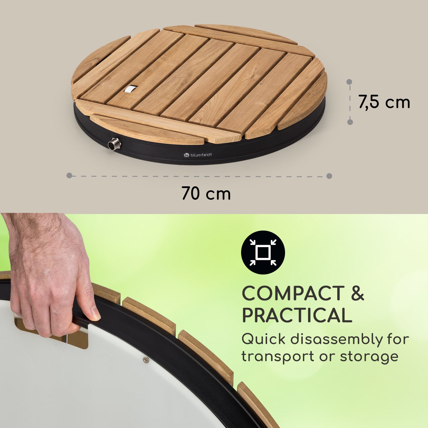 Blumfeldt Sumatra Teak Round, záhradná sprcha, hliník, tíkové drevo, rukoväť – Obrázok 5