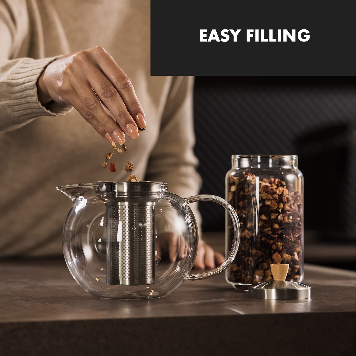 Klarstein Sencha, kanvica na čaj, 1,3 l, sitko z nehrdzavejúcej ocele, borosilikátové sklo, vrchnák – Obrázok 2