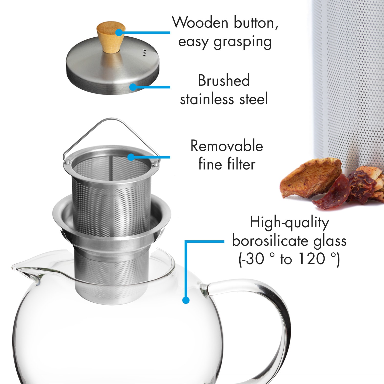 Klarstein Sencha, kanvica na čaj, 1,3 l, sitko z nehrdzavejúcej ocele, borosilikátové sklo, vrchnák – Obrázok 5