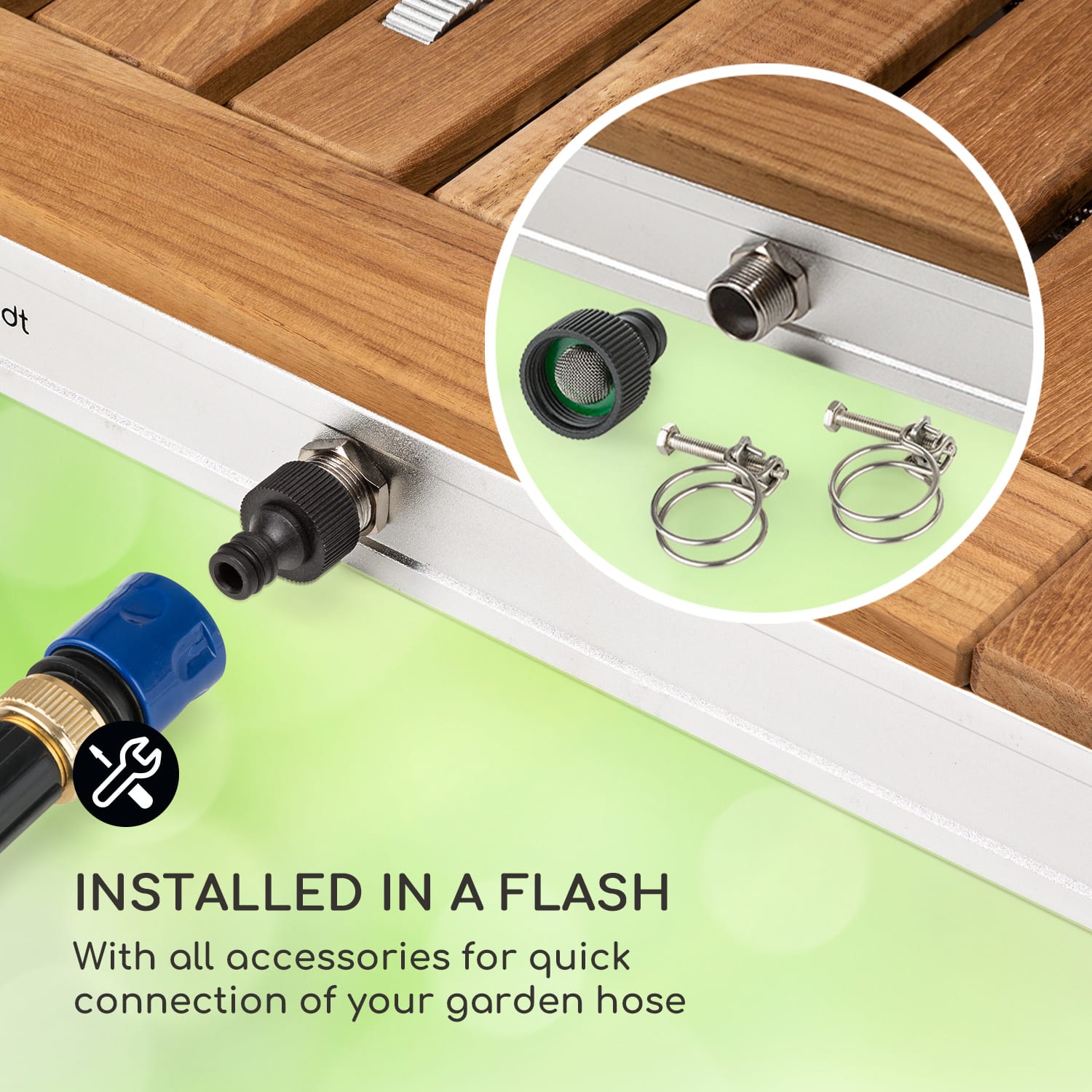 Blumfeldt Sumatra Teak Square, záhradná sprcha, hliník, tíkové drevo, rukoväť – Obrázok 4