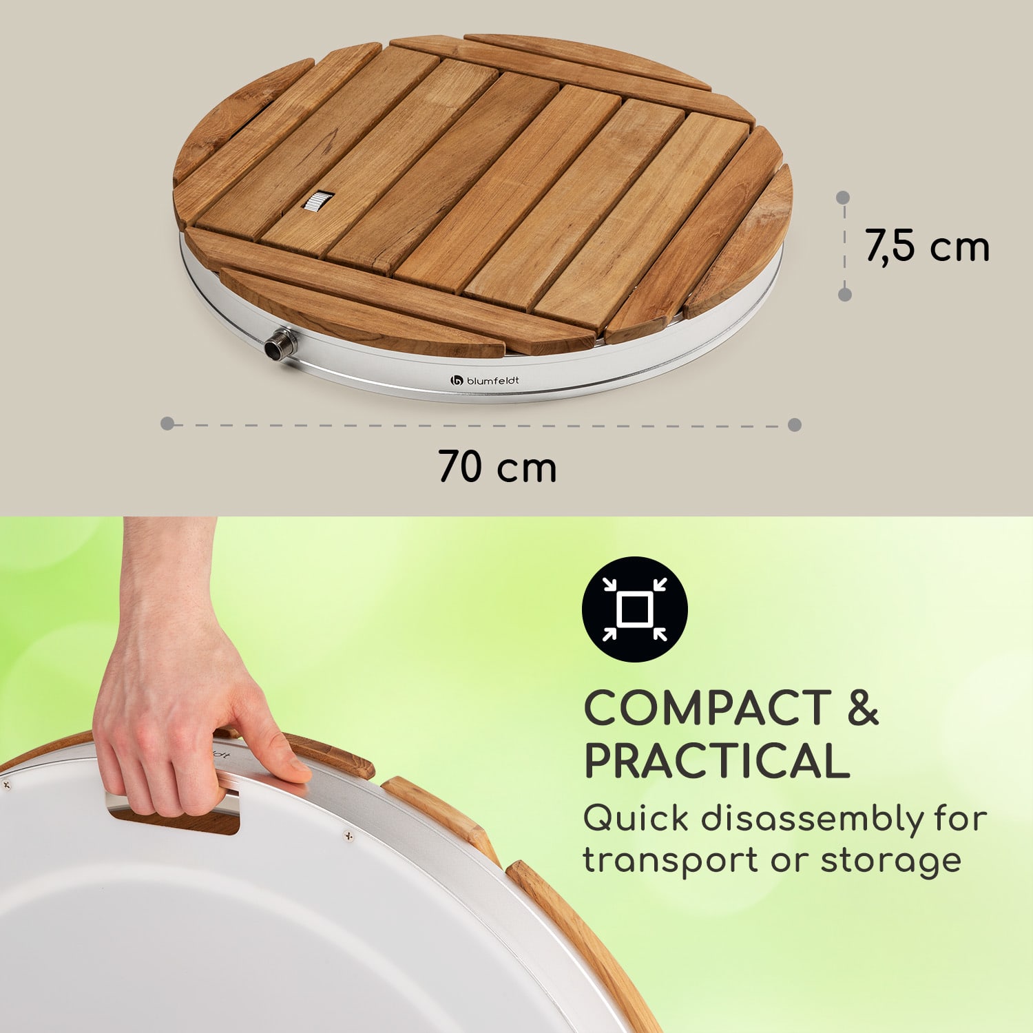 Blumfeldt Sumatra Teak Round, záhradná sprcha, hliník, tíkové drevo, rukoväť – Obrázok 5