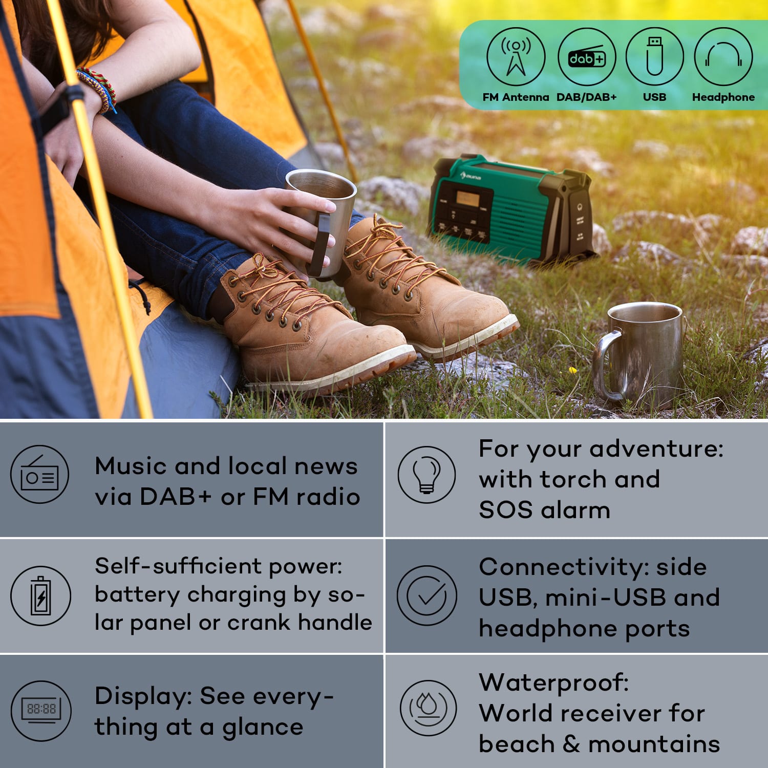 Auna Patagonia DAB+ Outdoorové rádio DAB / DAB+ / FM Nabíjanie kľukou USB SOS Alarm Vodotesné