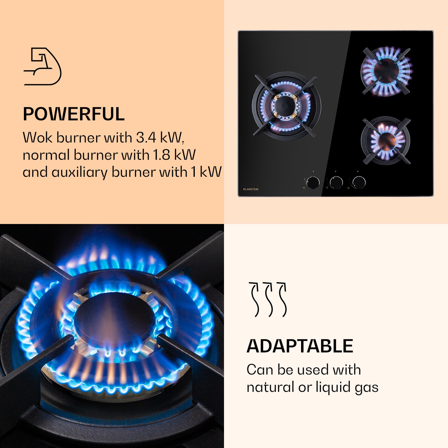 Klarstein Goldflame 3, plynová varná doska, 3 Messing horáky, sklokeramika – Obrázok 3