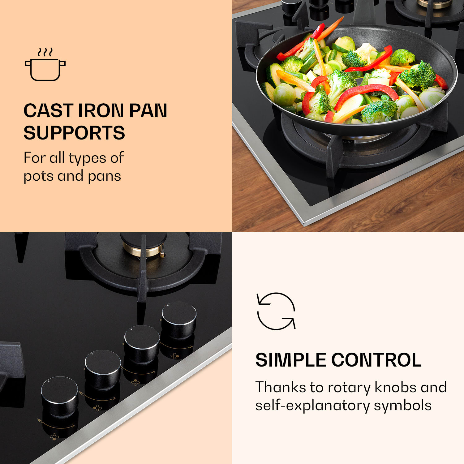 Klarstein Goldflame 4 Prime, plynová varná doska, 4 Messing horáky, sklokeramika – Obrázok 2