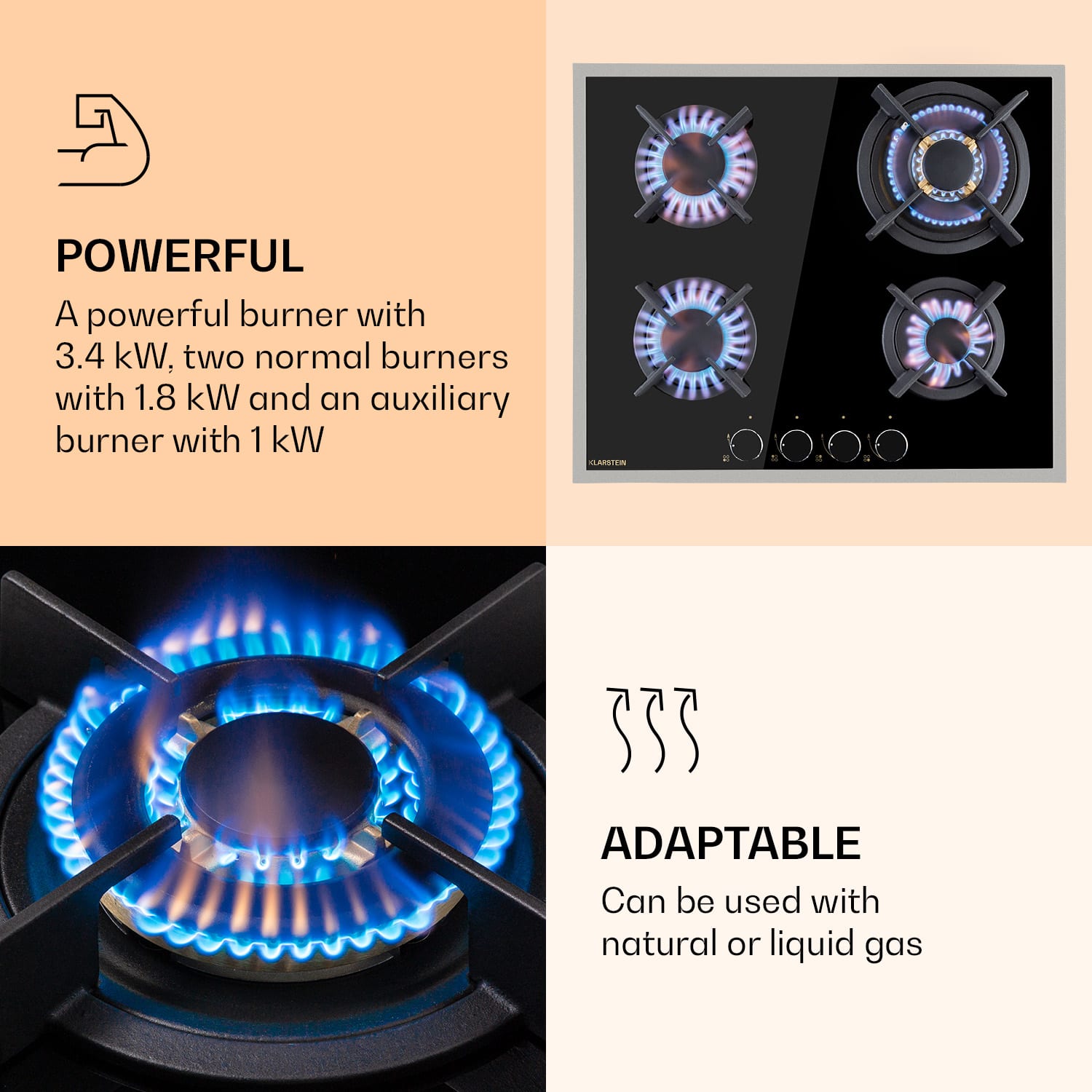 Klarstein Goldflame 4 Prime, plynová varná doska, 4 Messing horáky, sklokeramika – Obrázok 3