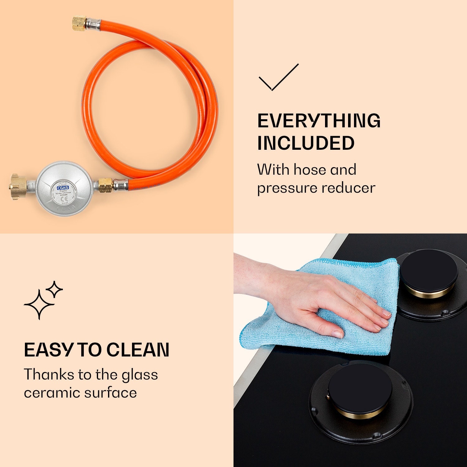 Klarstein Goldflame 4 Prime, plynová varná doska, 4 Messing horáky, sklokeramika – Obrázok 5