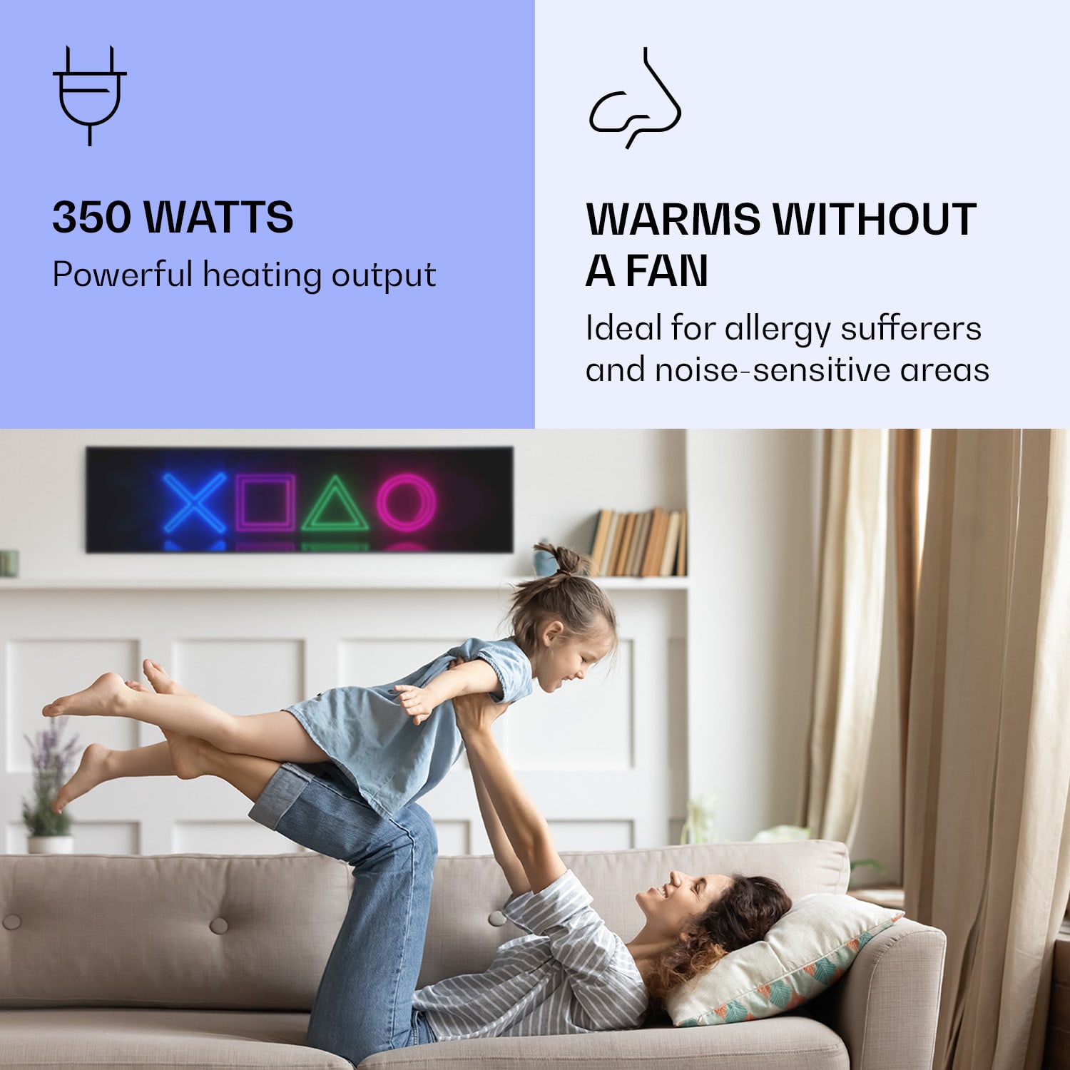 Klarstein Wonderwall Air Art Smart, infračervený ohrievač, 120 x 30 cm, 350 W, hra – Obrázok 4