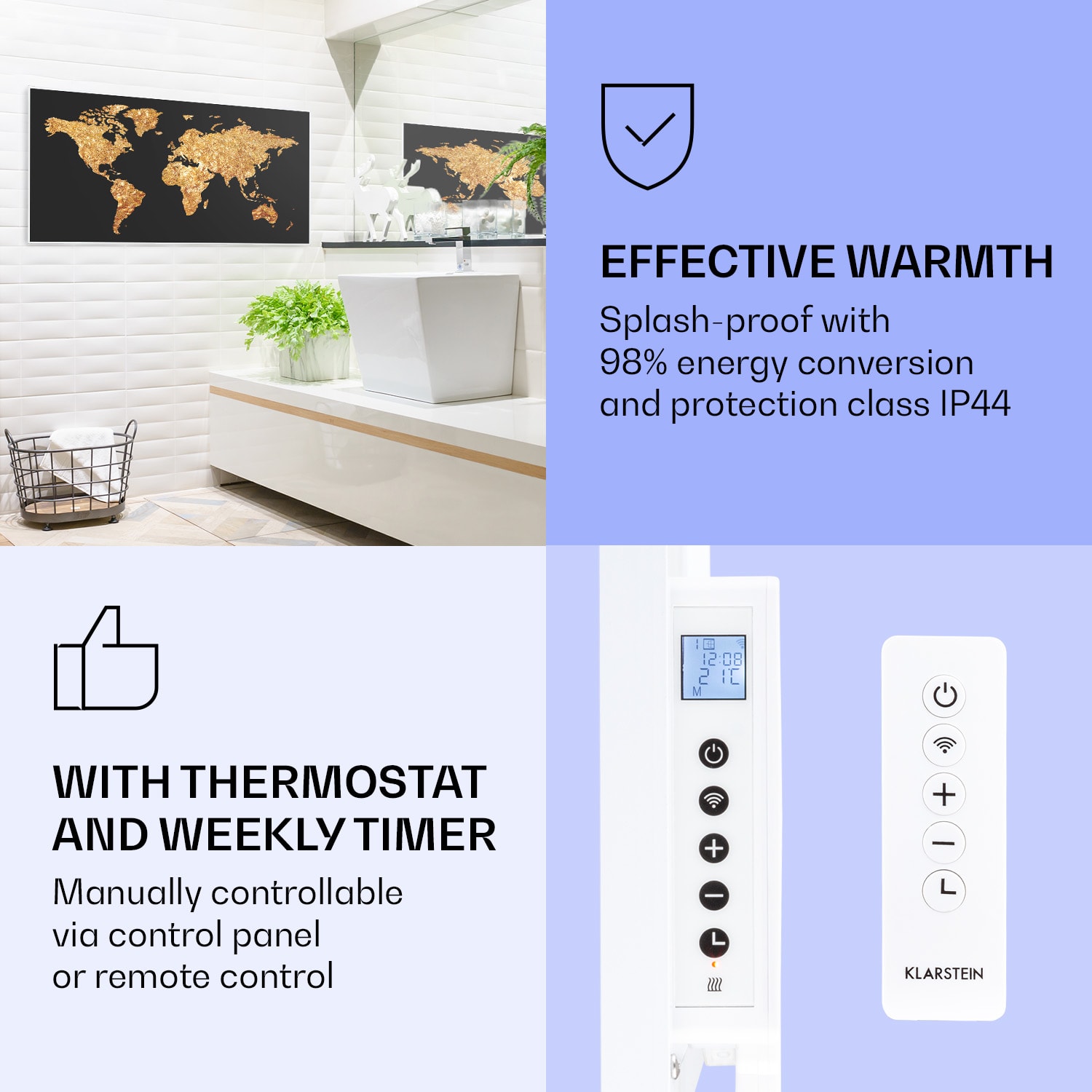 Klarstein Wonderwall Air Art Smart, infračervený ohrievač, 120 x 60 cm, 700 W, zlatá mapa – Obrázok 3