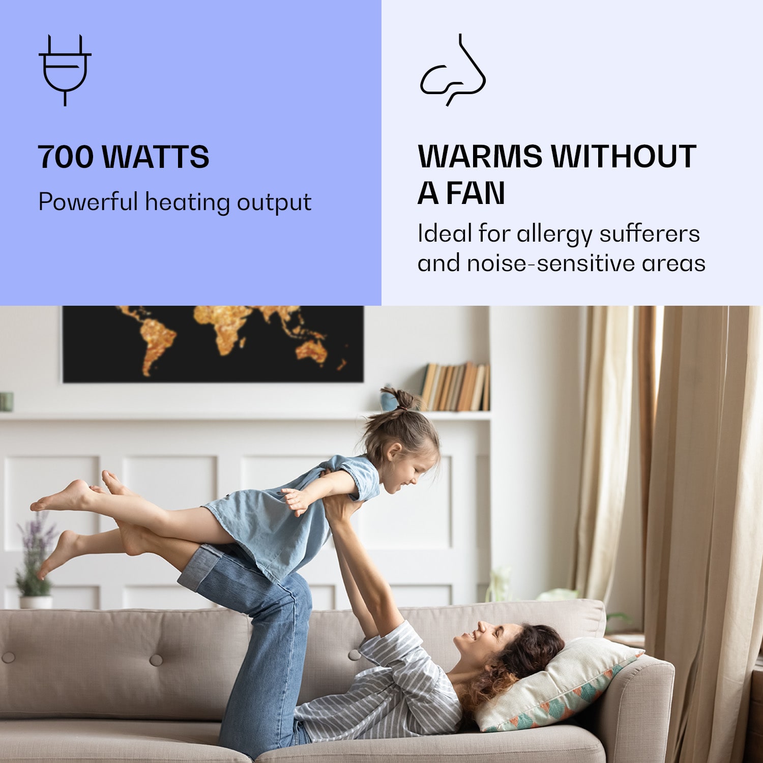 Klarstein Wonderwall Air Art Smart, infračervený ohrievač, 120 x 60 cm, 700 W, zlatá mapa – Obrázok 4