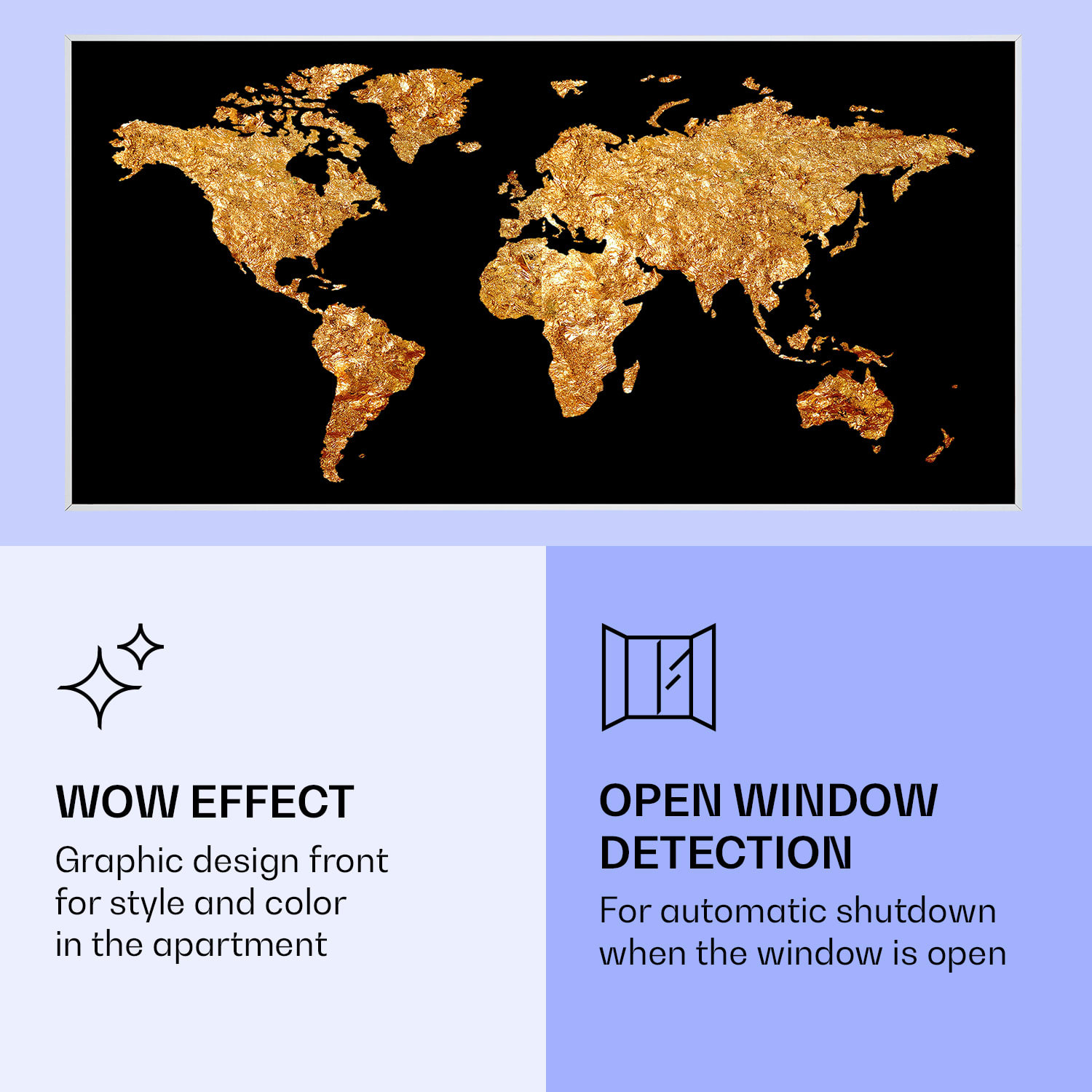 Klarstein Wonderwall Air Art Smart, infračervený ohrievač, 120 x 60 cm, 700 W, zlatá mapa – Obrázok 5