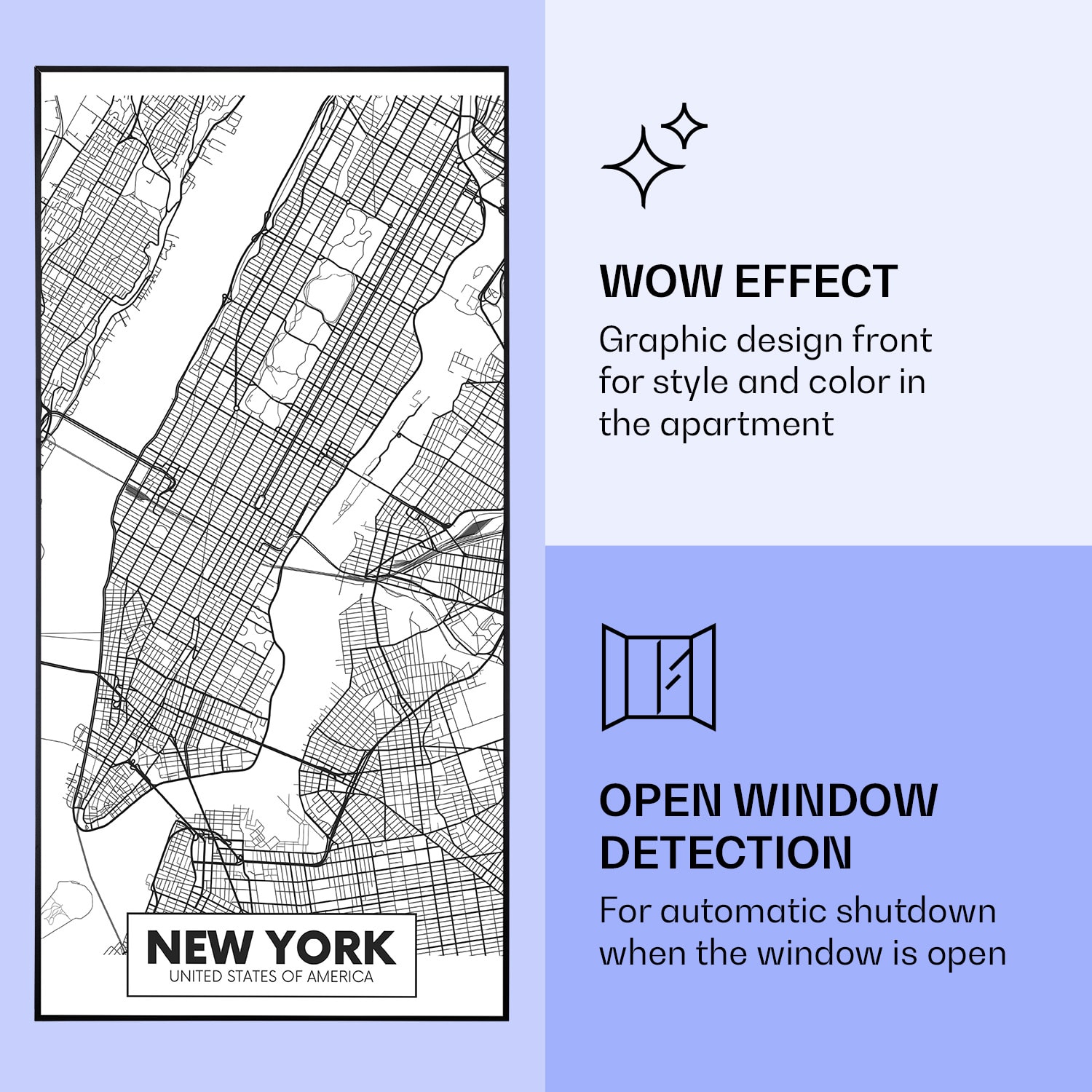 Klarstein Wonderwall Air Art Smart, infračervený ohrievač, 60 x 120 cm, 700 W, mapa mesta New York – Obrázok 5